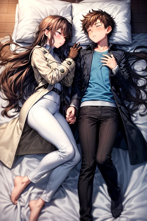 ((best quality)), ((masterpiece)), (detailed), a couple, a boy and a girl, 1 boy, full body, 19 years old, brown hair with white tips, somewhat long hair, bangs, green eyes, tall and thin, thin, long beige trench coat, open trench coat, black fingerless gloves, white wristbands, white t-shirt with blue emblem, black pants, 1 girl, full body, 19 years old, young adult, somewhat short, purple eyes, brown hair, somewhat wavy hair, long hair, lock of hair on forehead, blushing, scientist's coat, blue shirt, black pants, lying in bed, facing each other, giving each other a kiss on the lips, closed eyes, blushing, romantic moment, bedroom background, anime