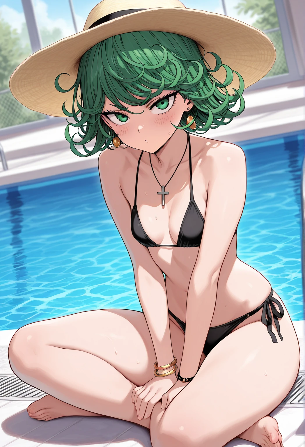 Chica de anime acostada en una cama con una botella de cerveza, Tatsumaki de One Punch Man, Tatsumaki, Tatsumaki con cabello verde rizado, en una playa, Fanart de alta calidad, en la playa, Tendencias en ArtStation Pixiv, Guweiz en Pixiv Artstation, Fanart exquisito altamente detallado, Artgerm extremadamente detallado, Arte Zerochan,bikini ajustado,sentado,piernas cruzadas.