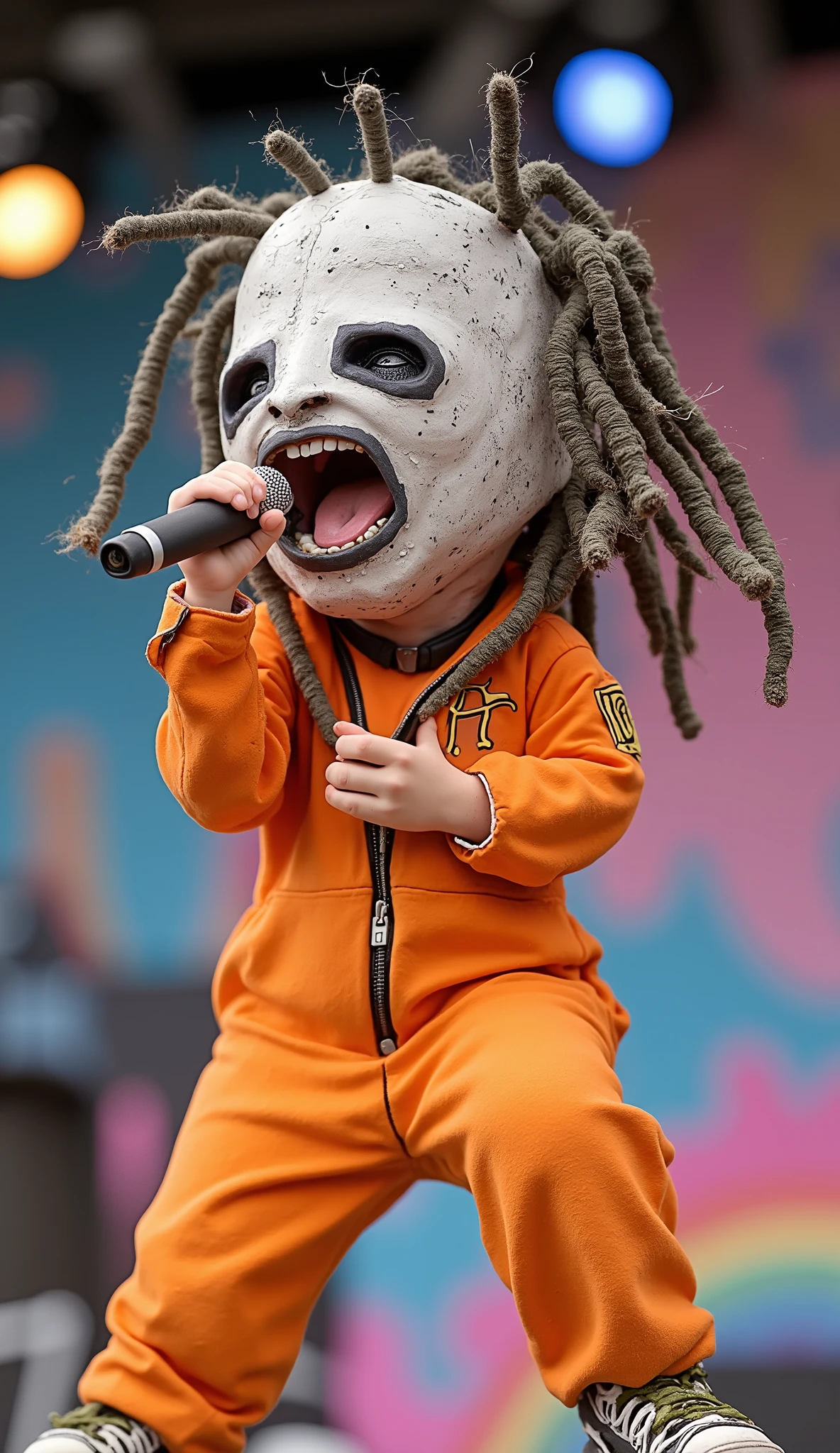 dynamic pose,dynamic angle,illustration,microphone,singing,shout,little character,wearing jumpsuit,live show,outdoor,vivid color,Juaner_clay