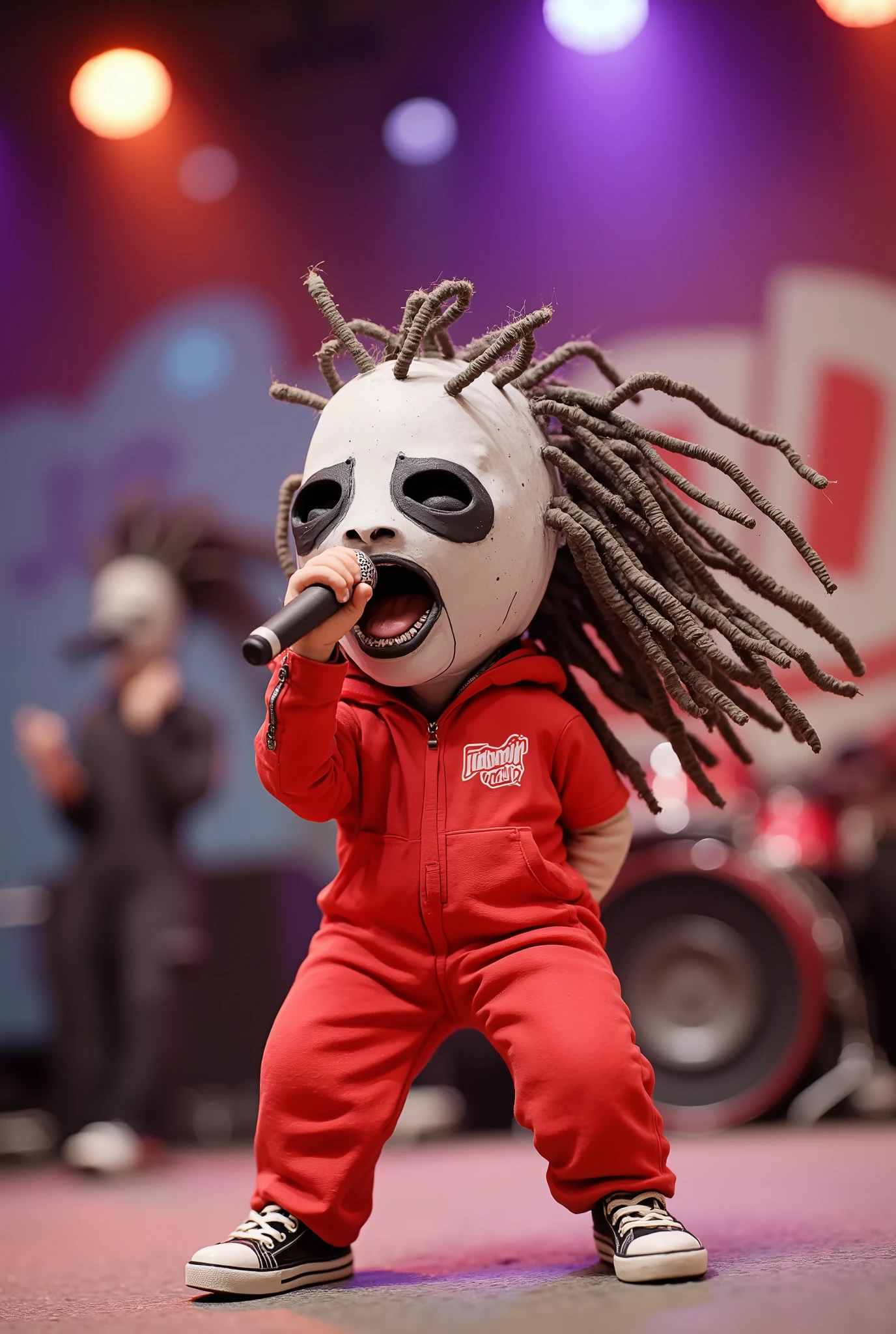 dynamic pose,dynamic angle,from below,illustration,microphone,singing,shout,little character,wearing red jumpsuit,live show,outdoor,vivid color,Juaner_clay