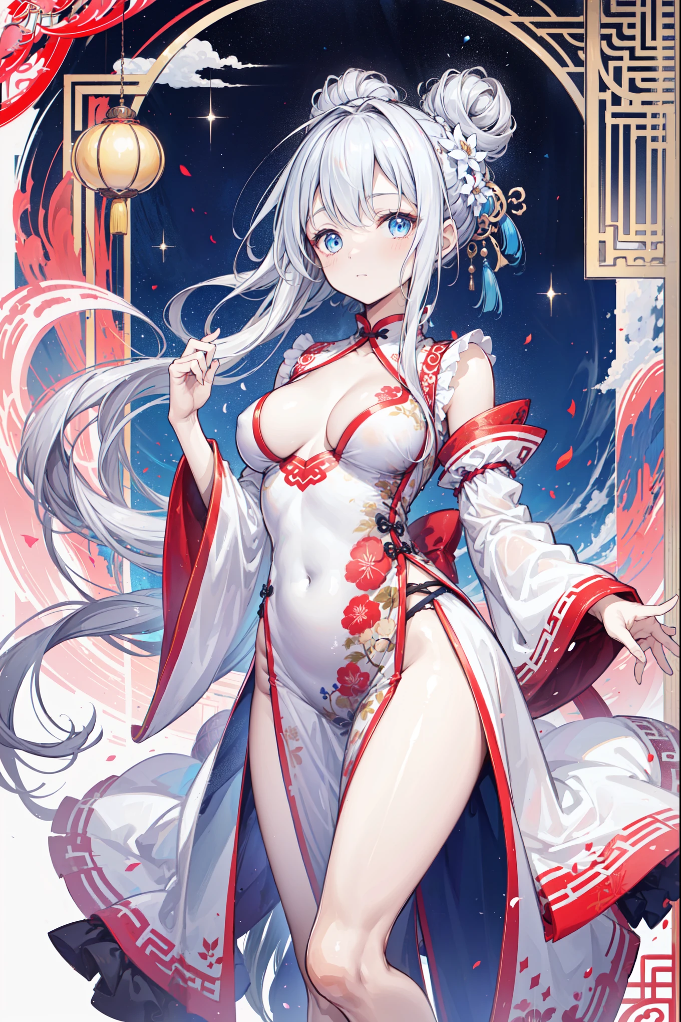Draw to the smallest detail、Detailed facial depiction、Delicate painting、topless、Nipples are visible、Completely naked、The body is slim、Tight waist、No background、Beautiful Hair、Delicately draw the face、Drawing nipples、Character Sheet、Character Design、card、デザインcard、Face close-upを描く、Long Hair、Face close-up、Complicated hairstyle、Stylish design、Golden text、Princess、Small breasts、Small breasts、Draw a large face on the back、There is a giant face in the background.、Silver Hair、belly button、Waistline