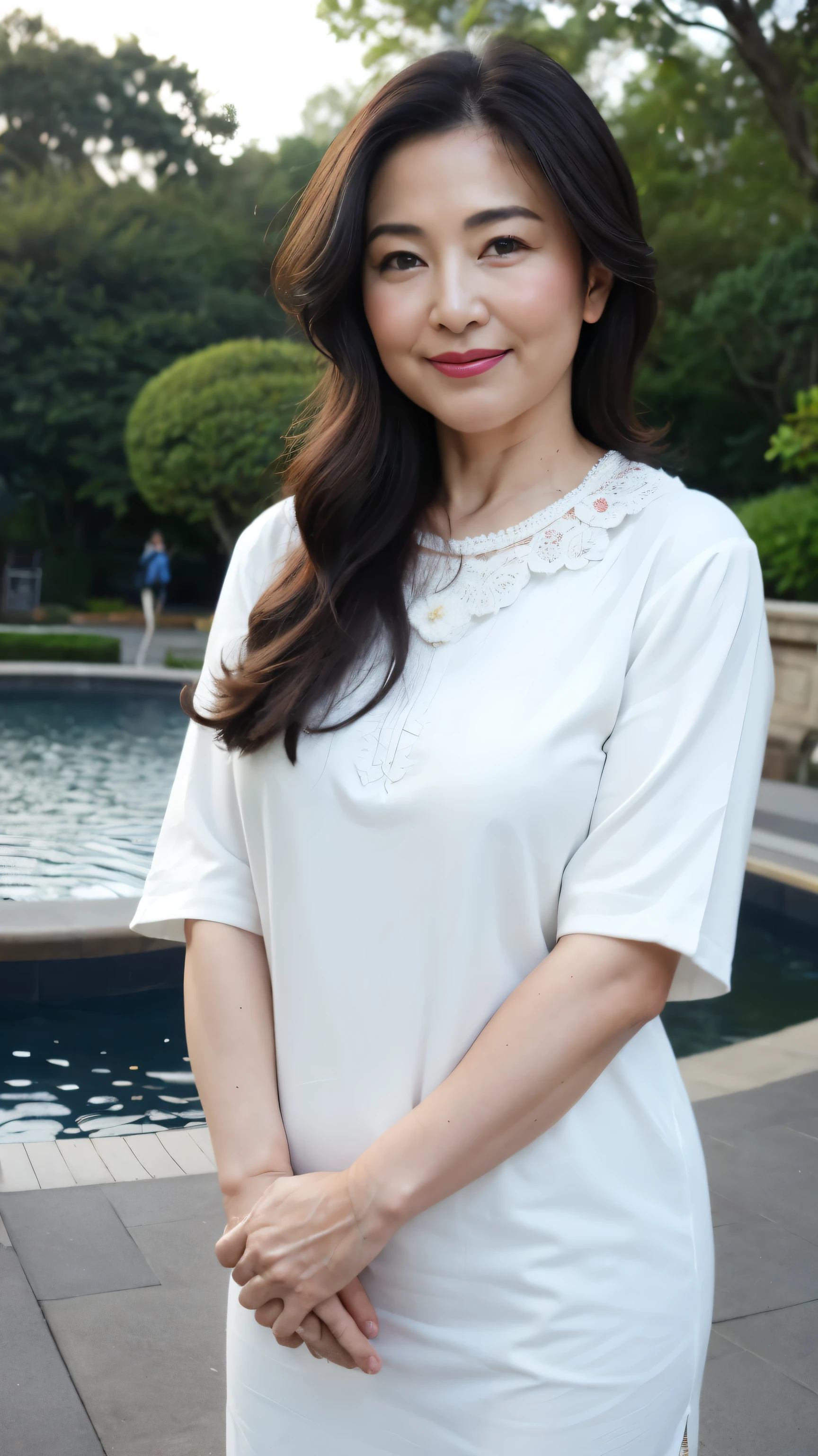 Standing in the park, Wrinkles around the eyes, Smiling with teeth showing, Plain short-sleeved clothing, senior citizen, Draw lips correctly, Red lipstick, No discomfort, 16K, Highest quality, Very detailed, Realistic, Very detailed肌, (Japanese), (alone), 60 years old, Large Breasts, , Glamour, sexy, Chromo White Skin, Staring straight ahead,