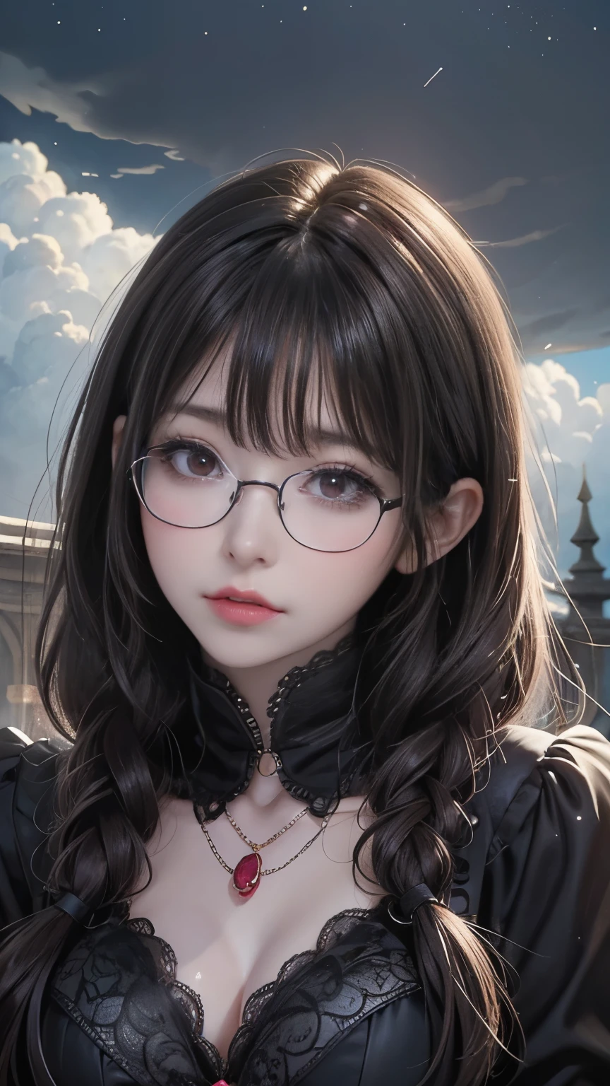 (highest quality,4K,8k,High resolution,masterpiece:1.2),Very detailed,(Realistic,photoRealistic,photo-Realistic:1.37), Close-up of a woman with dark hair and wearing a black dress, Dark Eyes,An ominous smile,((((Glasses))))、((((big sapphire necklace))))、Evil Aura,Burning Flames,Soul Corruption,Dark Shadows,An ominous atmosphere,Strange symbols,Cursed Land,Eternal Darkness,Unforgettable are present,Intimidating person,Grotesque features,Horror Scene,twisted reality,Scary atmosphere,A wonderful work of art,Evil Unleashed,Supernatural horror,Spooky art,nightmare fuel,Terrifyingly clear,Abstract fear,Terrifyingly beautiful,masterpiece,Fear incarnate,Shadow Chaos,are present,to be born々Shii Darkness,in style of Dark Fantasy Art, Dark Fantasy Art, Beautiful and elegant queen of darkness, Dark Fantasy Art, fantasy dark art, Dark fantasy digital art, Gothic fantasy art, Gothic Dark Maiden, Detailed Texture,Spooky creatures,An ominous atmosphere,Mythical,Space horror,darkness,Mysterious,Dark aesthetic,Fog Background,Eyes of another world,Ancient Gods々々々, Powerful wizard, MysteriousStanding in the woods. Flowing robes decorated with symbols, Arms stretched out, Powerful,Tentacles,Pitch black blackness,Majestic,Unfathomable depth,nightmare,The are present of the universe,an ominousare present,seeping darknesss,Secrets of the Universe, (Spooky atmosphere), (((Dramatic Shadows), (Dynamic pose), ((Artistically expressed)), ((charm), (Gothic), (Mysterious Setting), (Moody color palette), (Skillfully drawn), (sense of unease), (Intricate details), (an ominous smile), (an ominous), (charm eyes), (Horror elements), (charm composition), (Impressive anatomy),(Striking contrast))), (Interesting character designs)、Dark Fantasy Portrait, Portrait of the Dark Goddess,