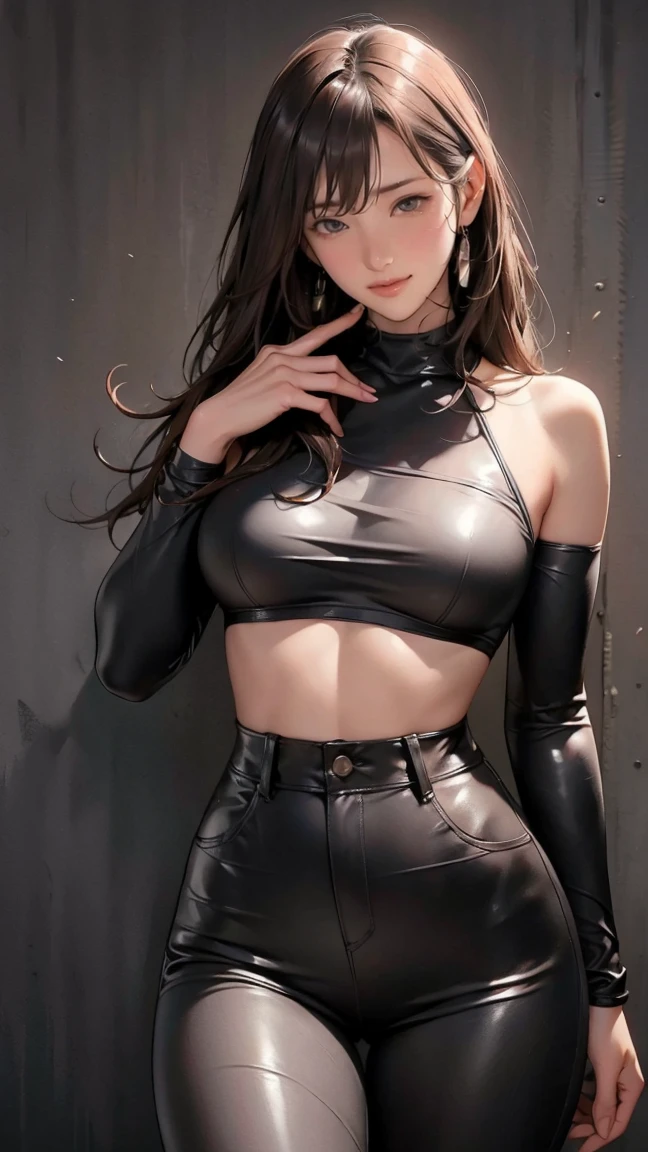 black latex pants, uma menina, pequena, fat, chubby, large body, long hair, corpo todo, lay on the floor, arms up, studio background, childish appearance, chifres pequenos na testa, maquiagem, mascara, Lips are soft or colored, fundo preto simples, minimalismo, monotone, paletas de cores simples, limpo, Crisp drawings, silhuetas fluidas,, camisas curta, Asymmetric, geometric, Materiais e designs elegantes e luxuosos, Simple and minimalist accessories, Necklaces and thin rings in silver or gold, Pulseiras simples, Designs diferentes, silhuetas simples, estilo simples e sofisticado, elegence, minimalismo, materiais de alta qualidade, Fresh and urban printing, alta moda, Simplicity and sophistication, molhada, sexy, Erotic, decote, youthful appearance