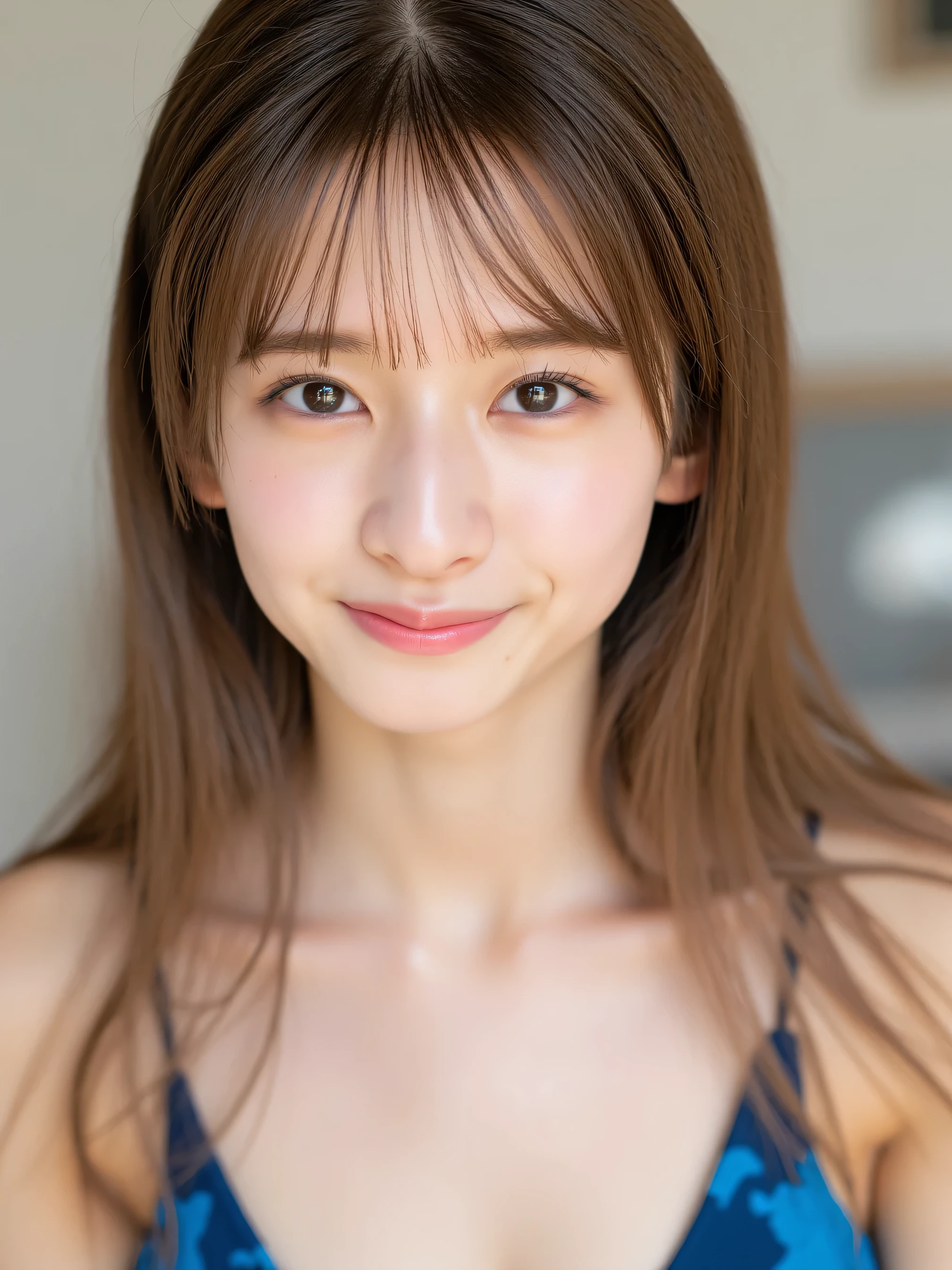 Arafed asian woman with long brown hair and blue top - SeaArt AI
