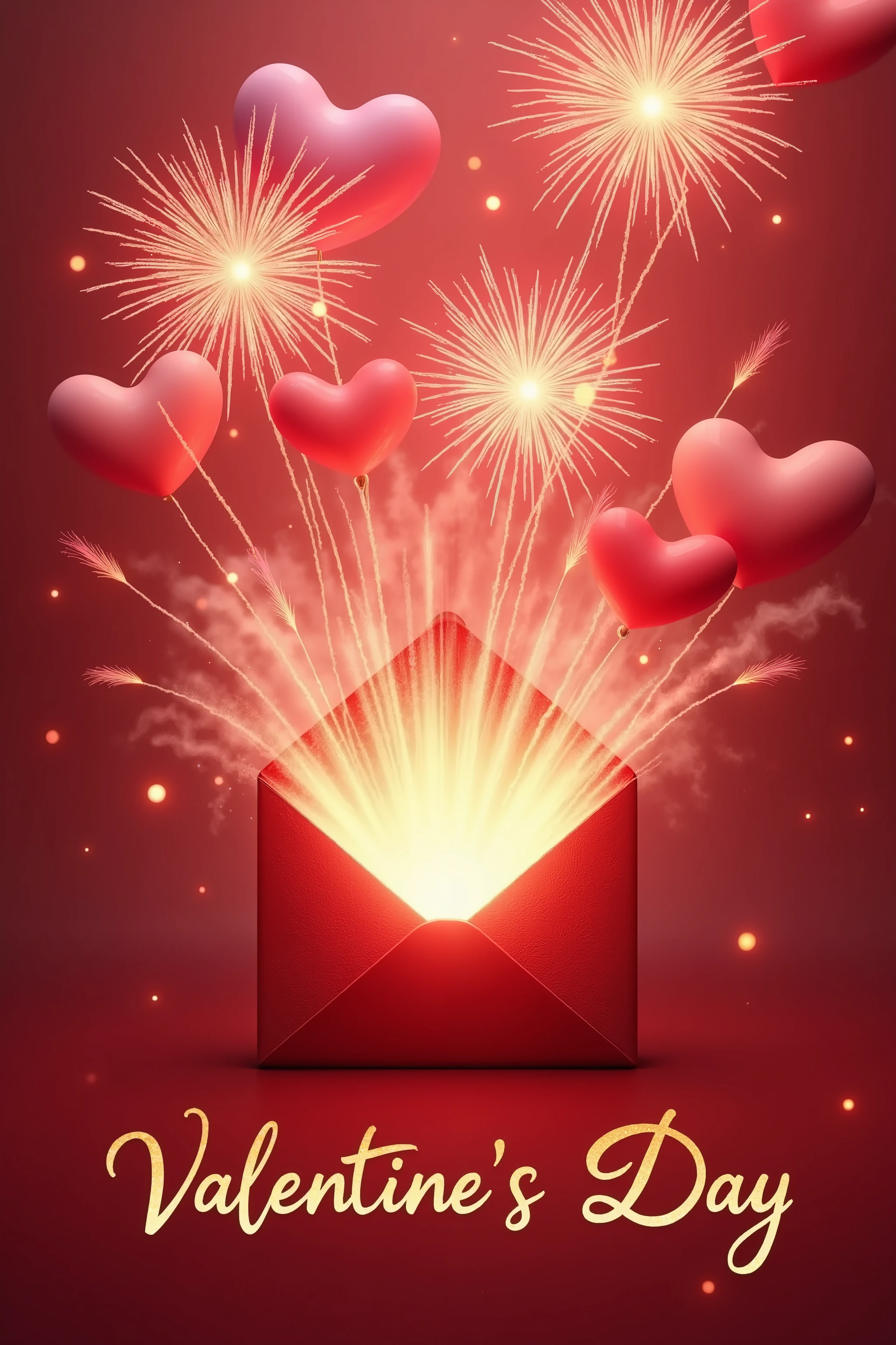 valentine's day poster design：Fireworks appear from the envelope ，Love，heart-shaped fireworks，heart-shaped particle light，Romantic Theme