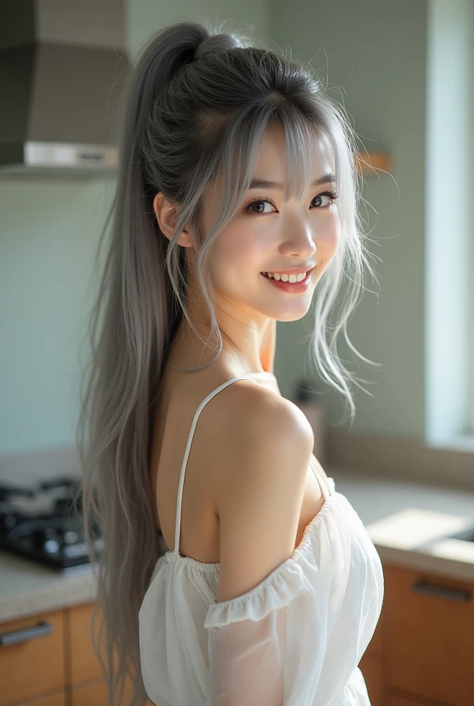 Gal　barefoot　Long Hair　Grey colored hair　smile　Naked and in overalls　Breast size is D cup　Eye color is gray　Slender　White skin　Asian Face　Blue nails