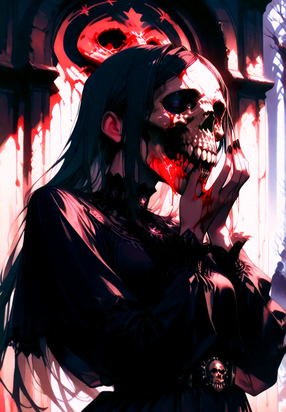 portrait of the most beautiful form of chaos, elegant, a brutalist designed, vivid colours, romanticism, by apterus, (apterus creepy anatomy:1.3), ((ahegao)), rolling_eyes, ((head down)), an evil girl bathing in a pool of blood, sharp teeth, maniacal laughter, ((decay and spooky)), atmospheric, trending on artstation. 8 k masterpiece, ((symmetry)), death, decay, vengeful japanese ghost, spooky dark village