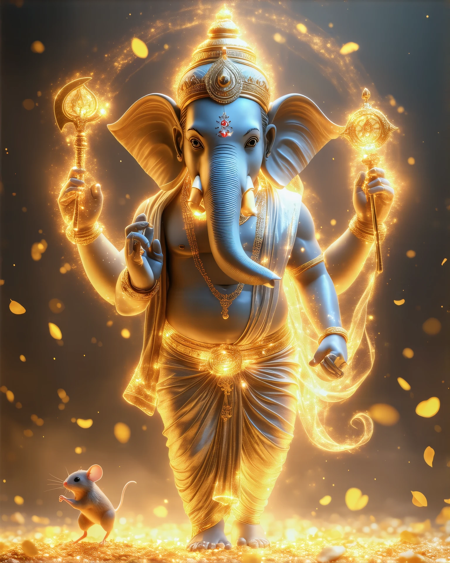 A stunning, surreal representation of Lord Ganesha with his pet mouse, standing gracefully with a glowing golden aura. His multiple arms hold divine symbols like the lotus, axe, and noose, all radiating celestial energy. His elephant head is adorned with a magnificent, luminous crown, and his eyes exude wisdom. His dhoti and shawl appear woven from flowing golden mist, blending with the divine atmosphere. Around him, floating golden petals and swirling cosmic energy create an enchanting, dreamlike scene. The background is a balance of darkness and divine radiance, highlighting his power and grace.
