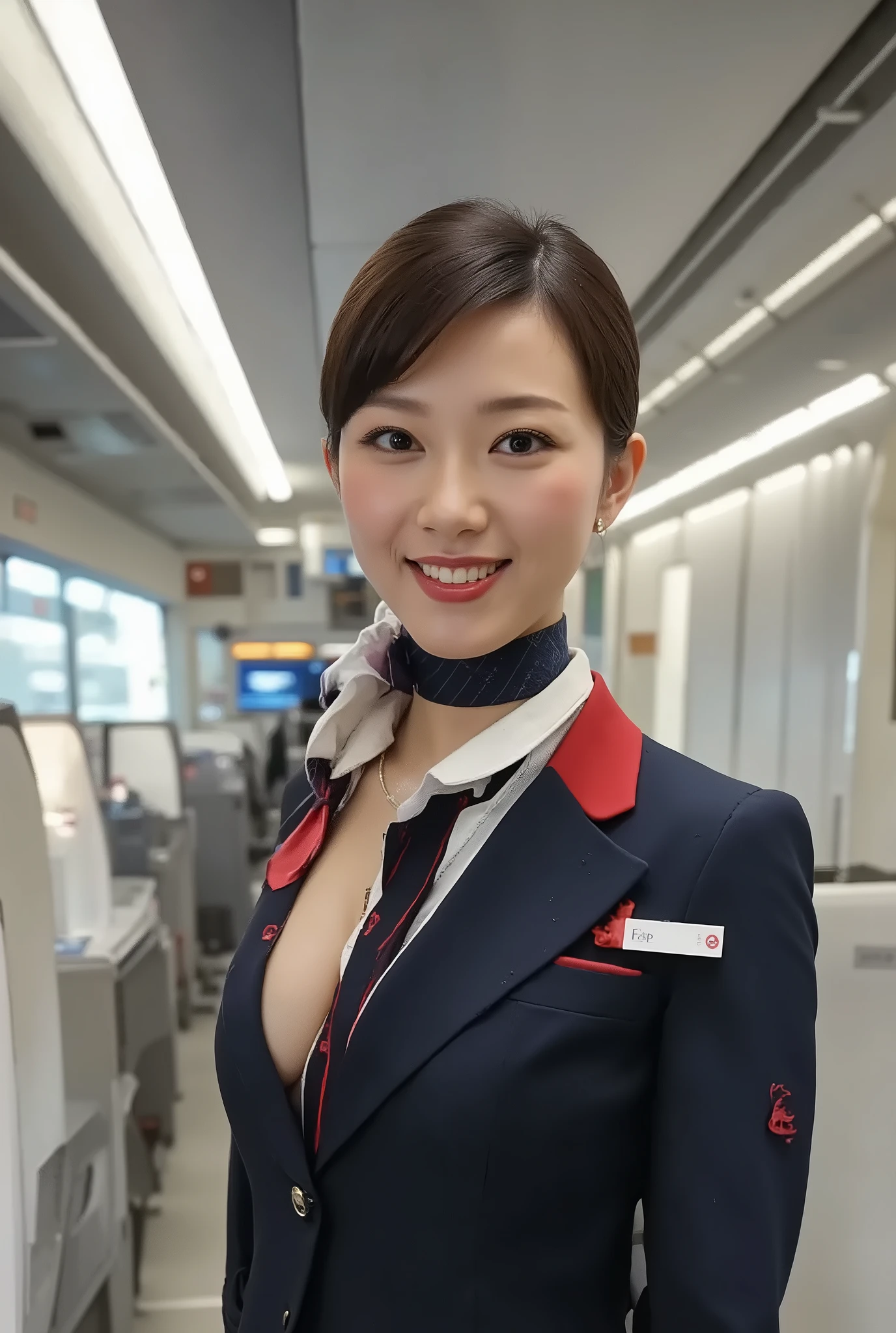 (( Masterpiece: 1.2), ( top quality), (very well detailed ), ( ultra high resolution), ( photorealistic: 2.0), ( RAW Photo: 2.0), 8k, wallpaper, ( one woman), ( Mature Women: 2.0), ultra high resolutionカメラで撮影, ( Japanese woman), ( skinny figure in ruins), ( smile face), (Sexy standing pose, Highlight Clevidge ), ( cabin attendant: 1.4), (sight, sharp pupils, Detailed Eye Drawing), very beautiful face, perfect face with attention to detail , big, even eyes , flashy makeup, ( detailed skin texture : 2.0), A lovely and delicate face, (Big Breasts), (Very sexy thighs), (cowboy shot), ( Navy Blue Uniform , airline emblem like an ultra-high cut bodysuit: 1.2, pattern: 1.2, Hat with Navy Blue Airline Pin Badges), ( airplane background ), ( sensual: 1.2), ( functional), ( Beautiful female hands ), (Thin hands), (look at me),