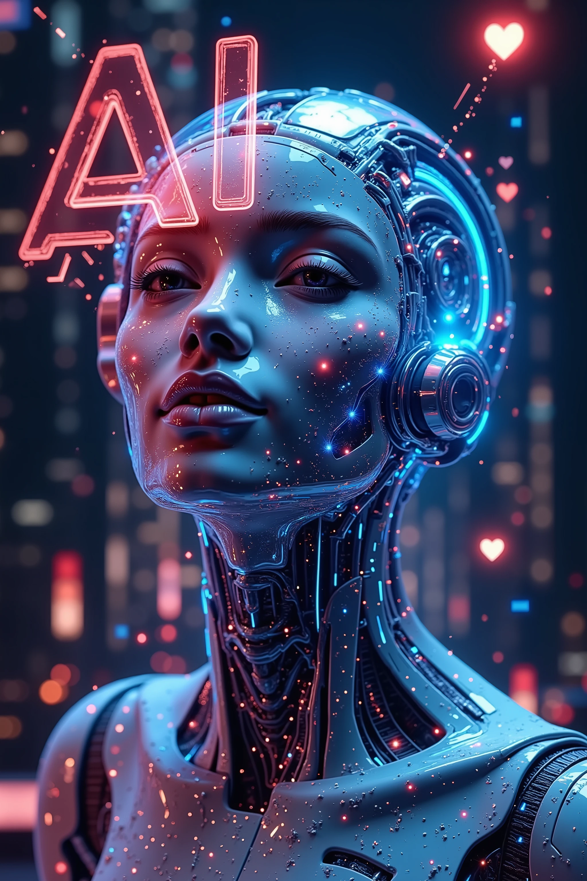 cityscape, with metallic blue glow effects . In the Center, AI avatars , front view, Half Man Half Machine , to create high-tech and futuristic beauty . Surrounding the face with digital brains and complex circuitry, with glowing blue-violet lighting on the face , to display a vivid digital environment . Bold text "AI " is used to display , are brightly colored , below" reshaping the future " at the top . showing vivid digital environments , Ultra Realistic Details , and 8k resolution , The overall style uses cinematic lighting ,heart-shaped aperture,Love,