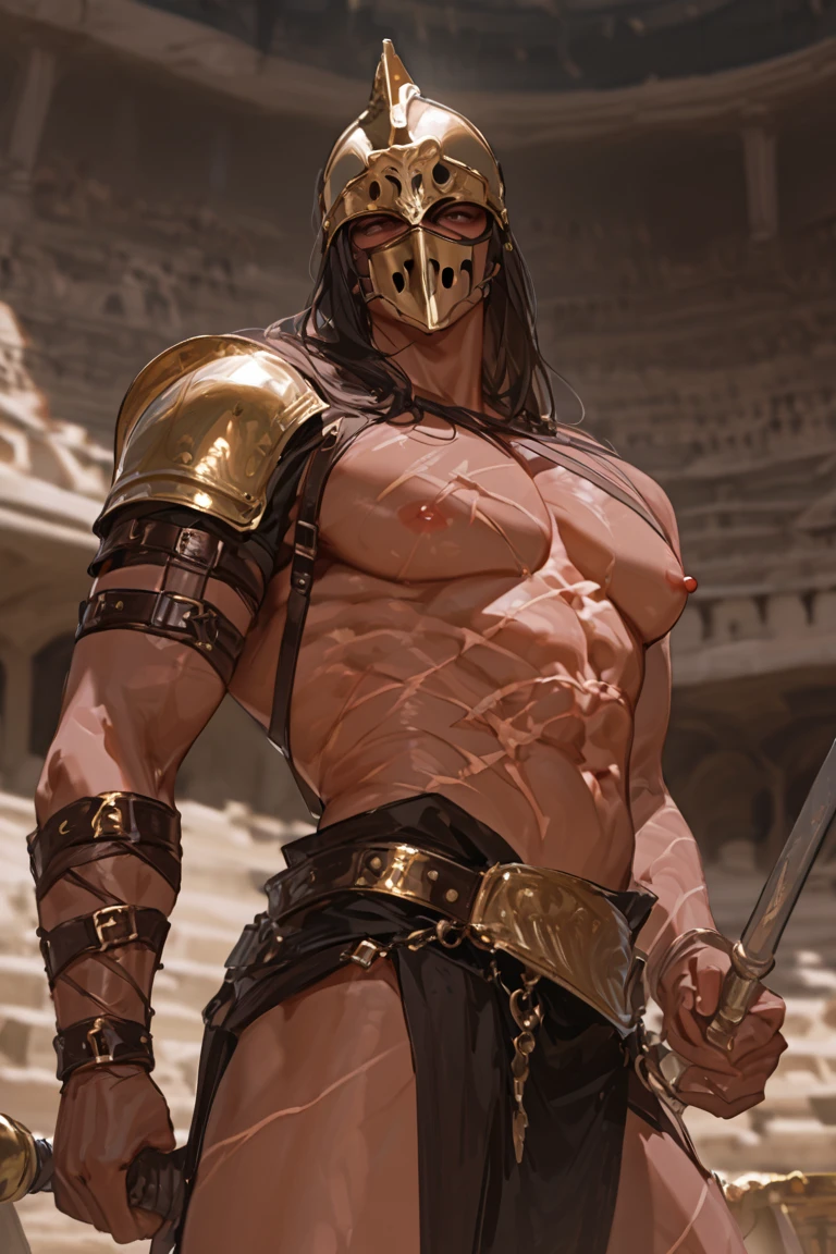 best quality, masterpiece, rugged mature man, licks lip, bronzed tan skin, (bleeding cuts and bruises), wearing ancient roman gladiator armor, bulge, seductive pose, in dark dungeon, best view, perfect fingers, no watermark, no logo, no signature