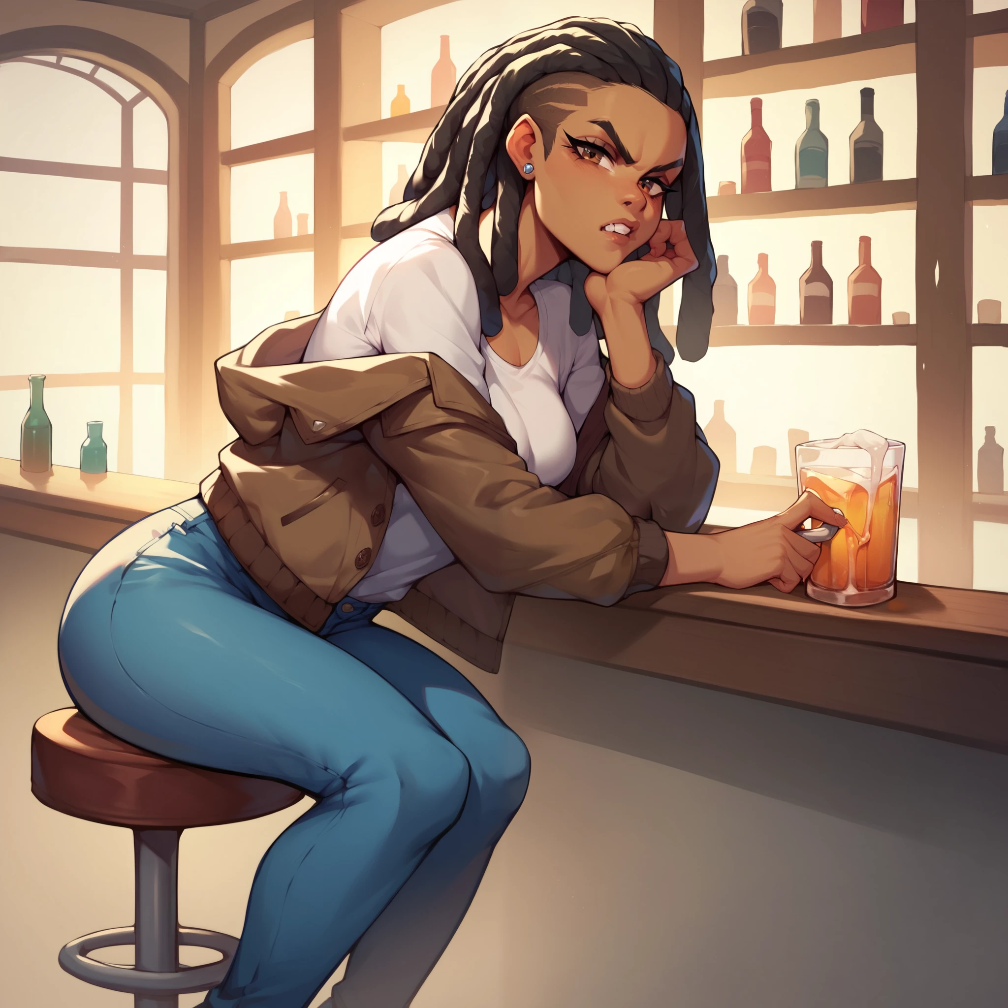 Black gothic girl, soviet union uniform, soviet service cap, gothic heels, , hairy , holding a controler, drinking vodka, mullet hair, latina face, tan skin, darker tone, tongue out, hairy , with hair, siting down in a puff, black girl, muscle female, playing video game, spreading legs, driping cum from.hairy , with hair, laizy pose, black girl, black skin, dark skin, darker tone. Two females playing videos, both black woman, romantic, girlfriends