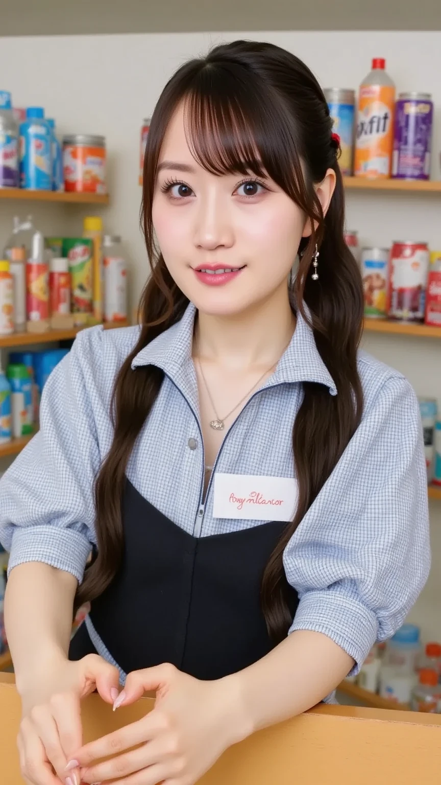  "A female convenience store clerk standing behind the counter, wearing a uniform with a name tag. She has short black hair and a friendly smile. The store is brightly lit, with shelves stocked with snacks, drinks, and various products in the background. The atmosphere is welcoming, and the store feels busy but organized. The clerk is ready to assist customers, with a polite and professional demeanor."