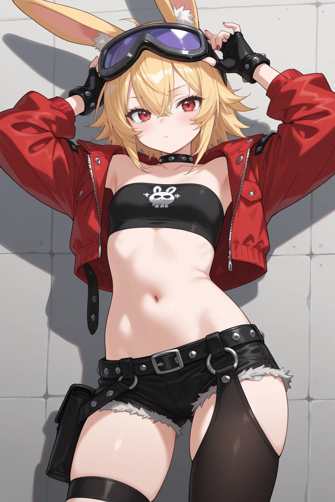 young girl, longue blonde hair, high ponytail, cat ears, violet eyes, red leather jacket, briefs, open belly, open breasts, tattoo, Scars, smirk, cigarette, Masterpiece, hiquality