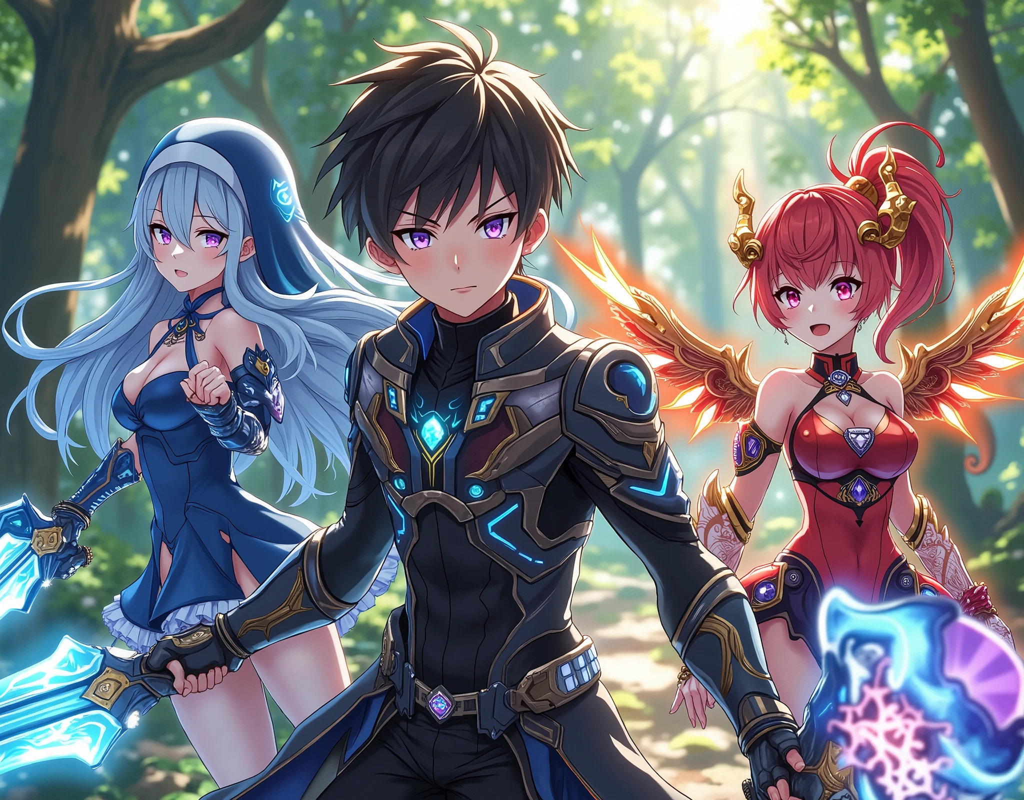Realistic, Masterpiece, High Quality, High Resolution, High Definition, 8k, (((Upper Body, Dynamic Pose))), Forest, Day, (((2 Girls and 1 Boy))), (((Anime Version))), (((Super Powers))).

(((The Boy: young, ((shota:1.6)), short hair, black hair, bright brown eyes, and fair skin, black cap. ((perfect body, perfect face, perfect eyes, perfect hands, perfect fingers, perfect anatomy)). He wears a black mecha t-shirt that says "KAL" light blue type, dark blue mecha jacket with purple stripes. Dark blue jeans with purple details that resemble flames on the sides of the pants; he wears black fingerless metal gloves with a futuristic design, with a purple gem on his hands; black sneakers with purple details. His black hair has blue strands. He holds: Two Dragon Swords tecnology with a blue and black blade that emits blue flames)));

(((First Girl: ((li:1.7)), ((purple eyes, glowing eyes, blue long hair, angel wings:1.0)), white hairband, sexy female blue Nun, short skirt, blue thigh high socks, seductive smile, hand on own ass. ((big breasts:1.5, sexy body, perfect body, perfect eyes, perfect face, perfect hands, perfect fingers, perfect anatomy)). She has a pair of blue metal arm gloves with an aquamarine jewel on the back of the cuff. Her body is surrounded by a light blue freezing aura with ice crystals)));

(((Second Girl: ((loli:1.7)), ((golden eyes, glowing eyes, fox girl, red ponytail hair, red horn, red demon bat wings)), sexy female red Witch, short skirt, red thigh high socks, seductive smile, hand on own ass. ((big breasts:1.5, sexy body, perfect body, perfect eyes, perfect face, perfect hands, perfect fingers, perfect anatomy)). She has a pair of orange metal arm gloves with a ruby ​​diamond jewel on the back of the cuff. Her body is surrounded by a red-orange aura with red flames))).