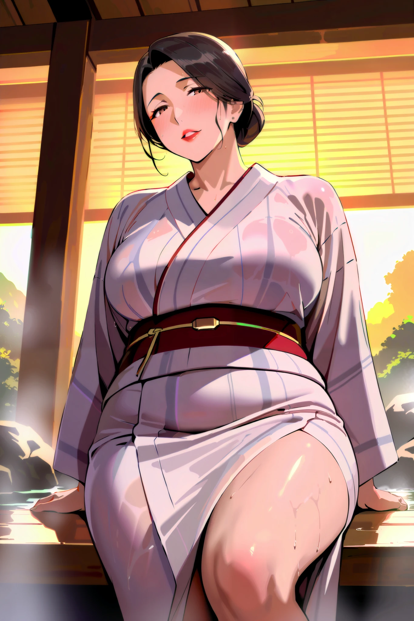(( top quality)), (( Masterpiece)), (( Anatomically Correct )), (top of head:1.2), photos, ( Beautiful Japanese), ((Mature Woman)), chubby, black hair, Bun Head, Brown Eyes, A light red yukata that is wet and transparent, Thin belt, wet skin, red lipstick, hot spring, knee shot, low angle