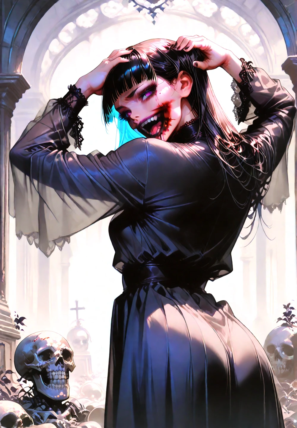 Hyperrealistic art A weird girl, selling flowers made of bloody paper, her eyes have tears of blood, her mouth smiles a creepy smile, in the background a rickety town with an eerie mood, BadDream, HorrorFantasy . Extremely high-resolution details, photographic, realism pushed to extreme, fine texture, incredibly lifelike
