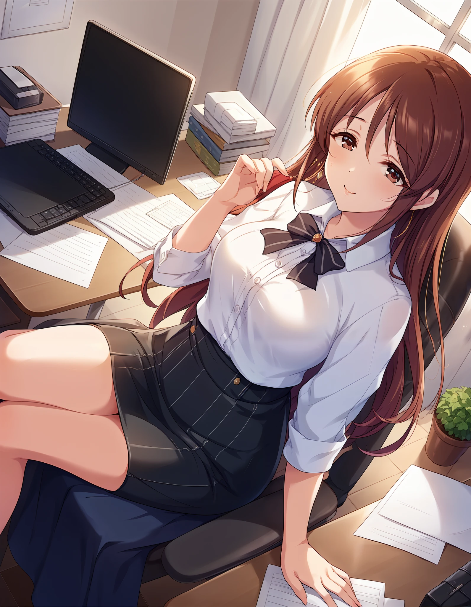 (((  mifune miyu)))、   black tight skirt 、  white shirt 、((Top Angle))、  office、  ulchan-6500-v1.1, (  RAW Photo :1.2),   beautiful details ,   very detailed that  な目  beautiful eyes,  beautiful eyes 、 brown eyes 、   large file size,   nothing ,   very detailed that  ,   top quality , [  Masterpiece:1.6], Awareness-raising activities ,   very detailed that  , CG, finely,   top quality ,  8k wallpaper,   perfect body、  dynamism  、  very detailed that 、Bare legs 