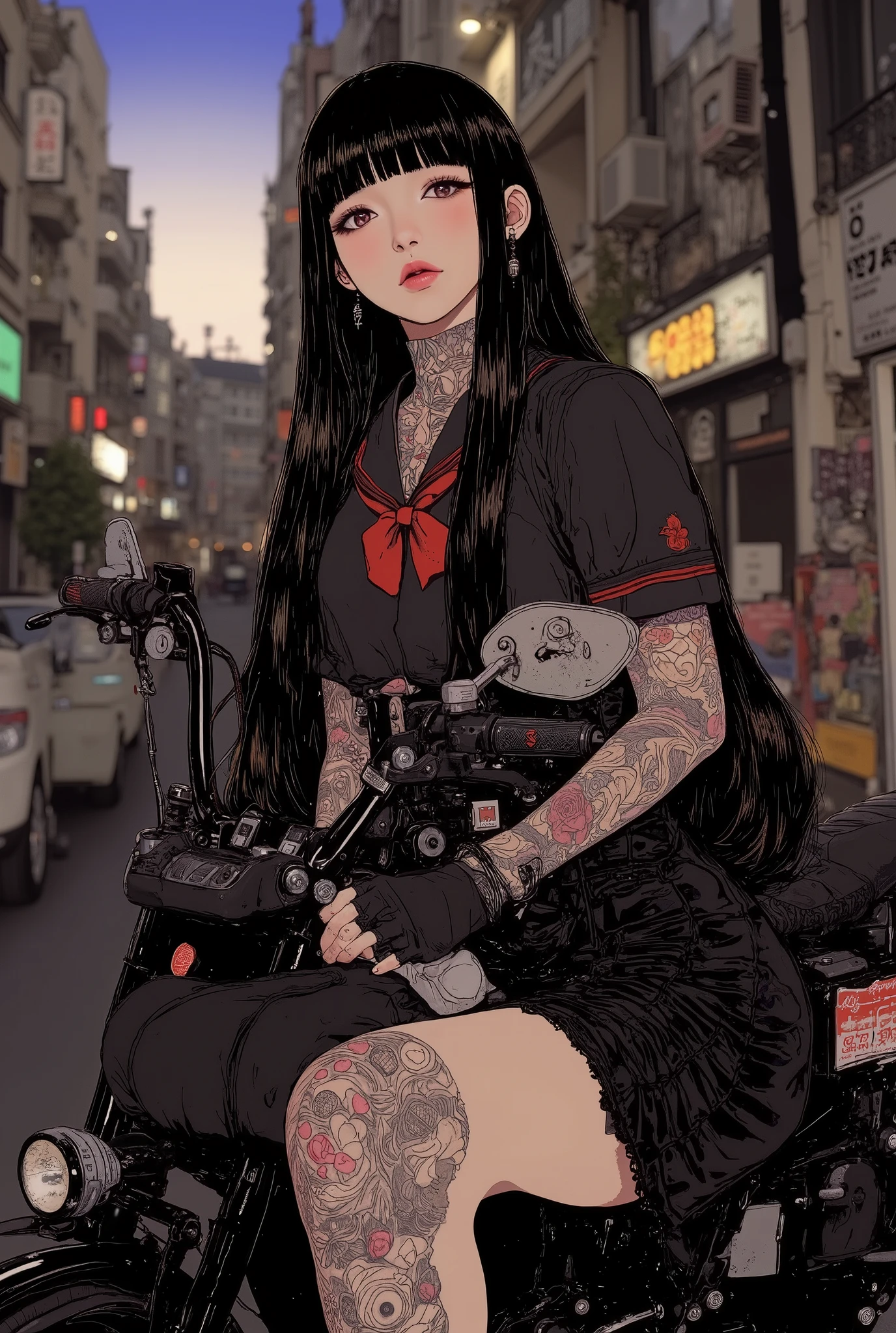beautiful detailed eyes,Highest Image Quality,best quality ,Ultra-high definition,2.5d image,detailed face, beautiful face ,(sitting a bike,Kawasaki modified motorcycle),from below ,fullbody shot,(japanse traditional tattoo,irezumifull traditional Japanese back tattoo,)show tattoo,depression,1 girl,turime,black hair,long straight hair ,Bob,hime cut, long hair,Japanese high school black sailor uniform with mini black skirt, red ribbon,punk girl,short sleeve,(bandaged arm,bandaged leg,)street background,at evening, 　　,exquisite digital illustration,CreepyCute