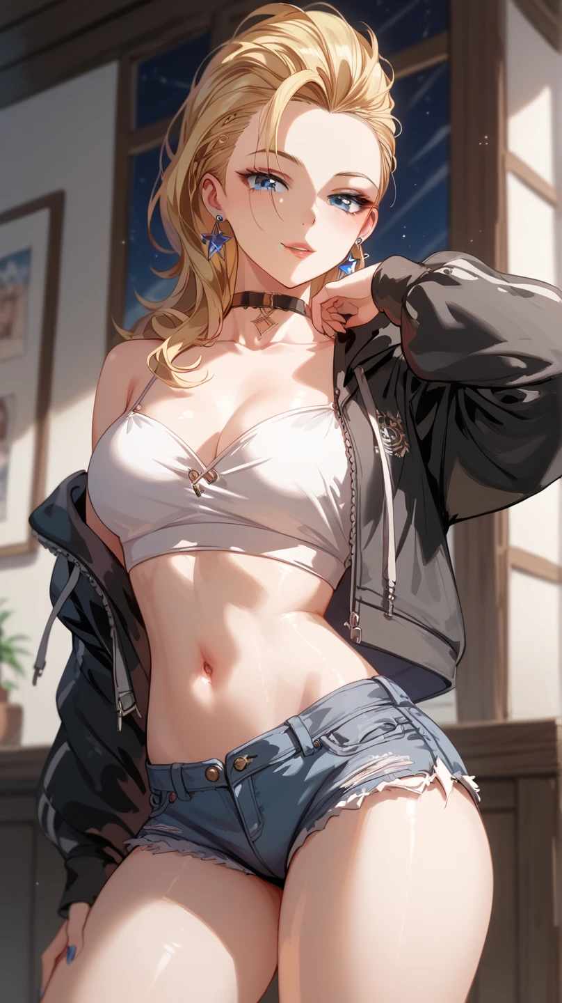 1girl, leaning against the wall, big breasts, alone, white pants, white crop top, white jacket, long hair, navel, red eyes, off the shoulder, choker, smile, jewelry, looking at viewer, earrings, open clothes, blonde hair, cleavage, smile, midriff, bare shoulders, collarbone, sleeves, stand,