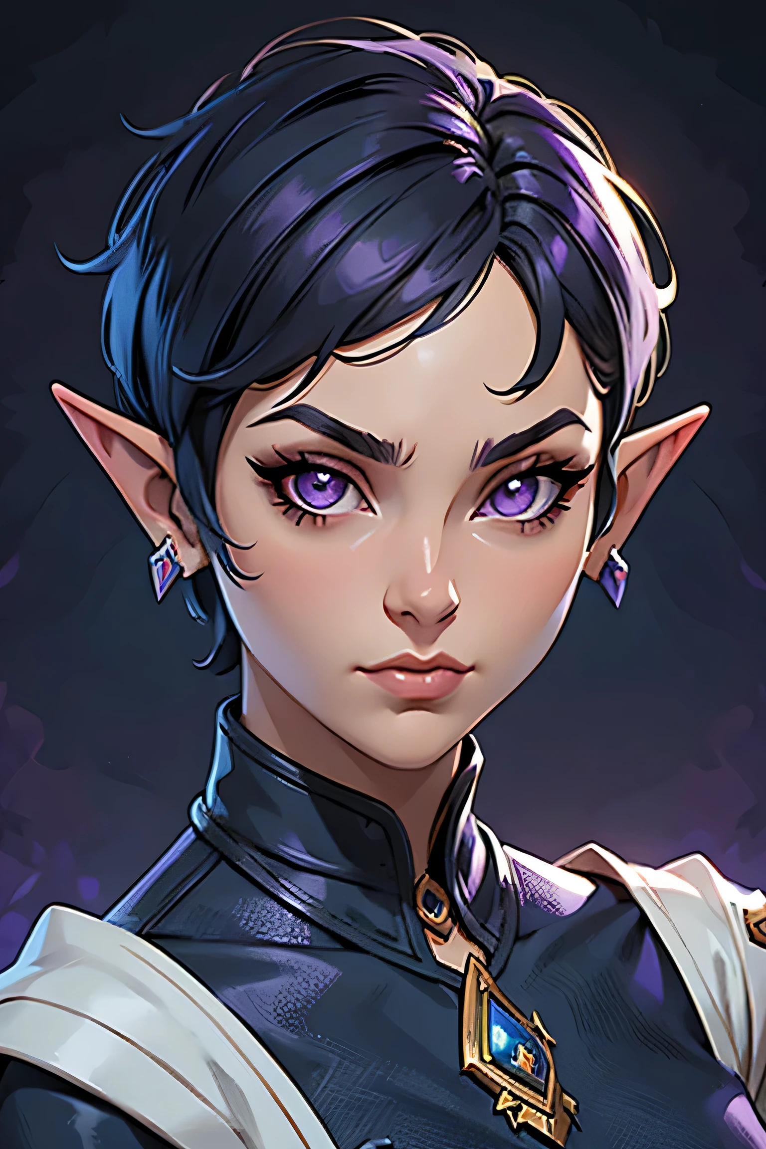 (best quality,masterpiece:1.2), expressive eyes, perfect face, 1 girl, elf, short hair, black hair, pixie cut, purple eyes, fantasy, wizard, pointed ears, slim