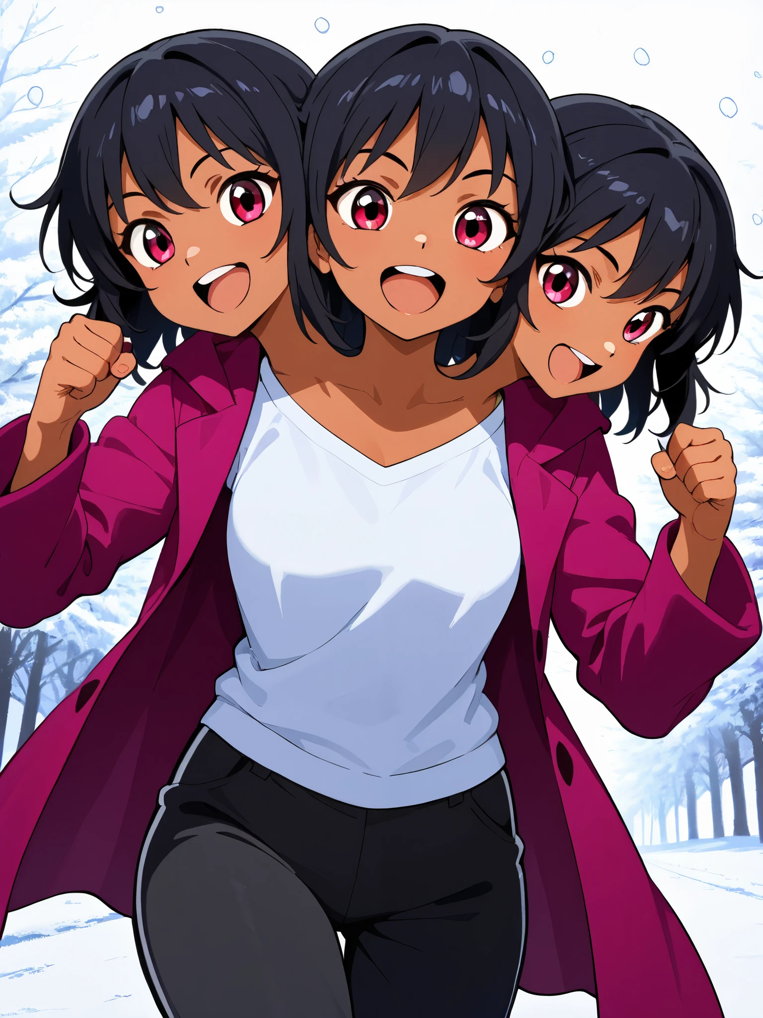 anime girl with three heads, conjoined, black hair, magenta eyes, tanned skin, casual wear, open mouths, magenta coat, black pants, running pose, winter background, cowboy shot