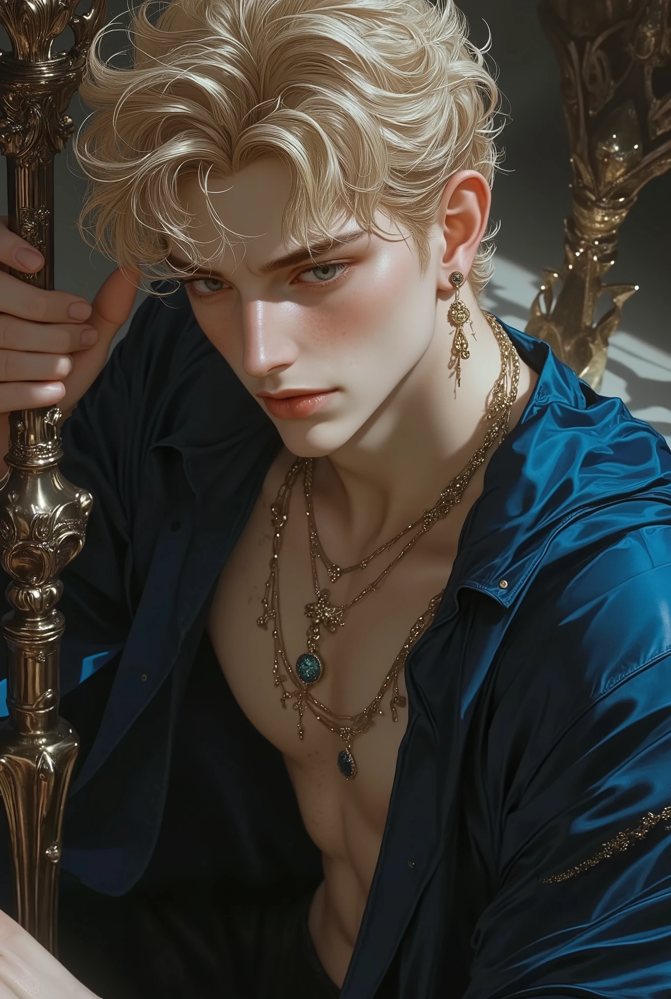 a handsome young man with a blend of features inspired by two references. He has blonde, curly hair that falls naturally, catching the light with a soft shine that enhances his youthful yet refined look.. His body is toned and athletic, like a professional sportsman, with visible abs and a broad chest, giving him an athletic yet elegant appearance. His skin has a natural, slightly freckled texture, adding character to his appearance. His eyes are striking green, like in the first reference, adding a mesmerizing and intense look. Handsome, sexy in a deep azure blue outfit, tunic style that leaves your abdomen exposed, with a wields a large, intricate wood staff in his right hand with his legs exposed, pronounced glutes, delicate appearance