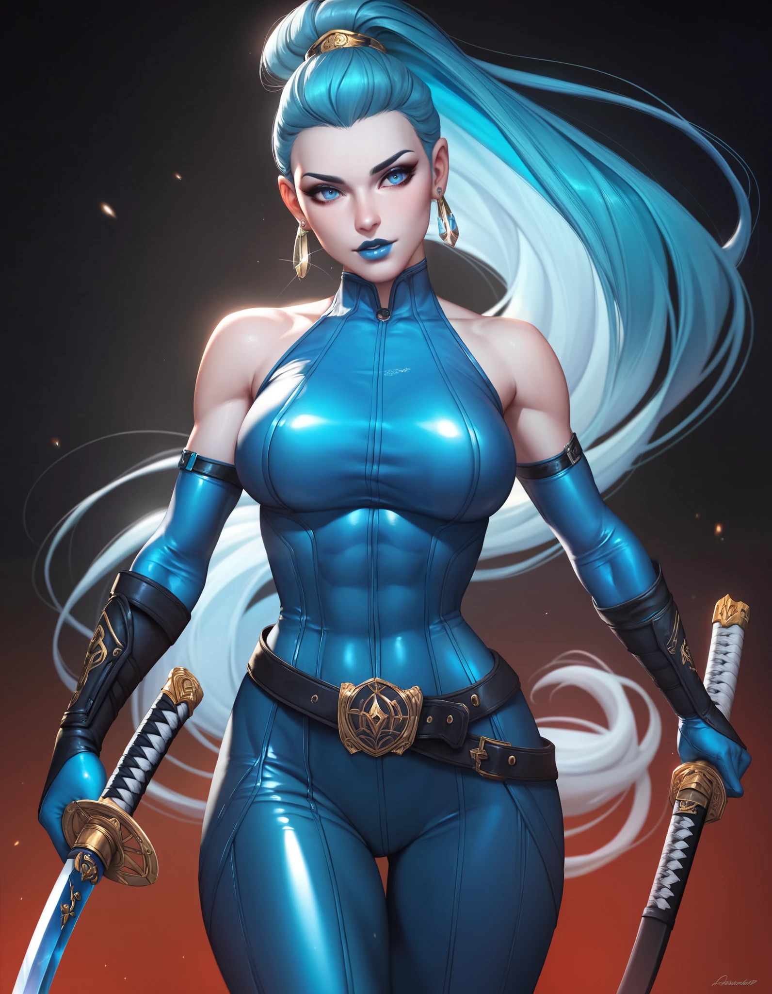 Ninja, mulher ocidental, mulher bonita, mulher de cabelo azul claro longo e preso com duas mechas de franja soltas, blue_hair, Blue ninja clothes, peitos grandes, mortal kombat style, personagem de mortal kombat, realista, 1girl, jardim de fundo, posando para foto