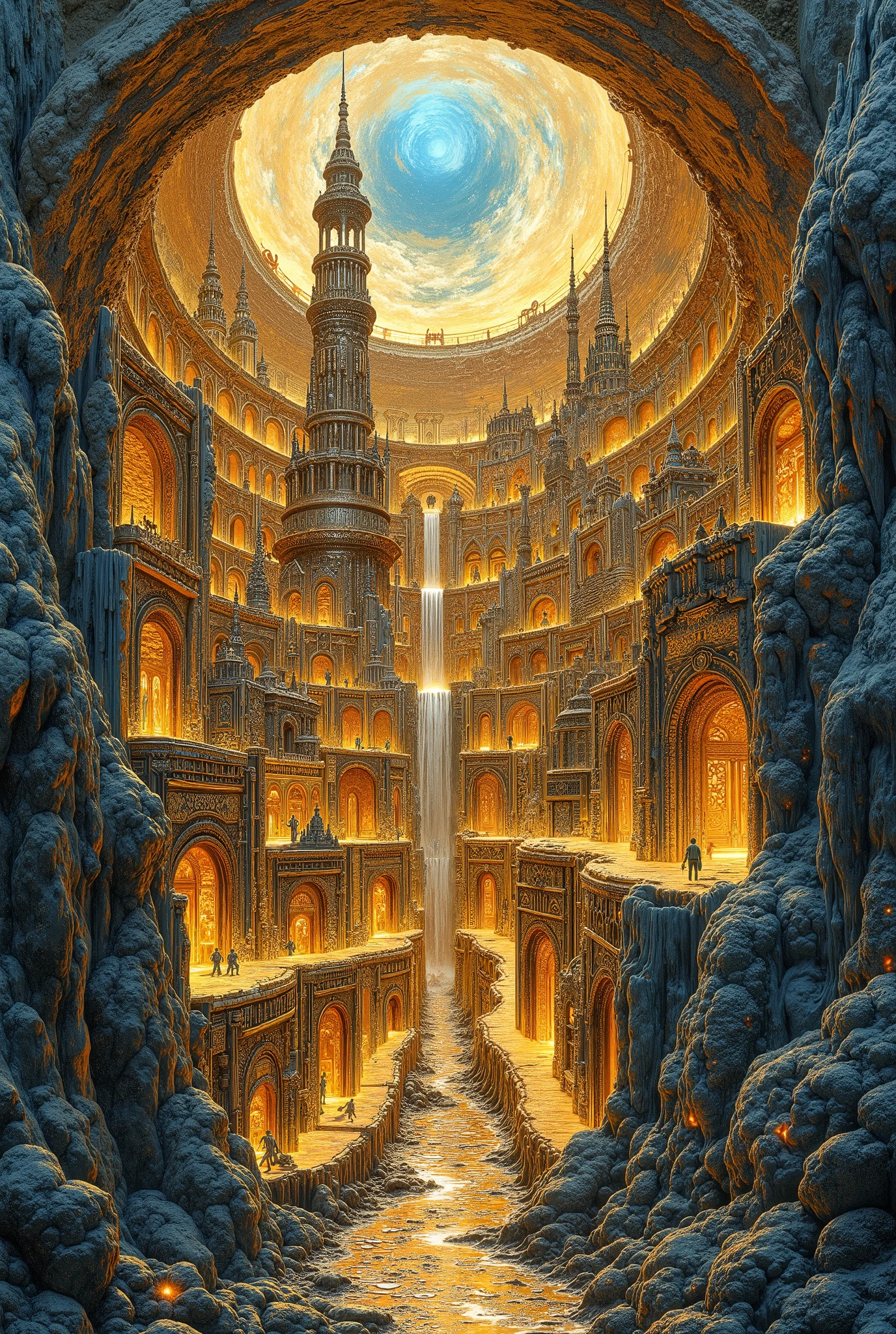 ultra detailed, absolutely resolution, masterpiece. 
cross-section layers, kingdom deep underground made entirely of gold plated, castles, castle towns, various colorful shining iridescent effects. 
extremely delicate depiction, extremely clear image, bold and dynamic, contrasts of light and shadow, 2.5D, artistic photography, hyper realistic, fusion of watercolor, acrylic and collage, conceptual installation art
