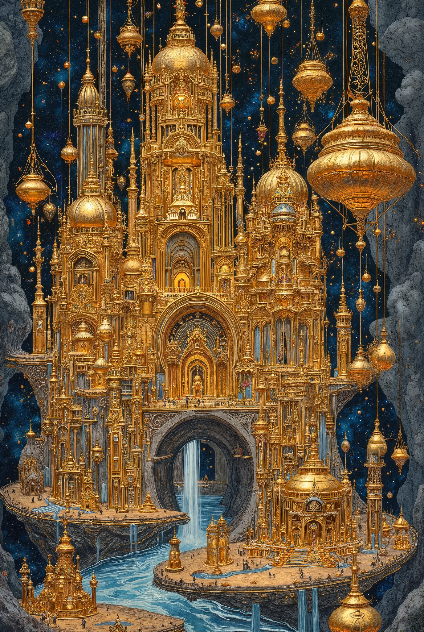 ultra detailed, absolutely resolution, masterpiece.
cross-section layers, kingdom deep underground made entirely of gold plated, castles, castle towns, various colorful shining iridescent effects.
extremely delicate depiction, extremely clear image, bold and dynamic, contrasts of light and shadow, 2.5D, artistic photography, hyper realistic, fusion of watercolor, acrylic and collage, conceptual installation art