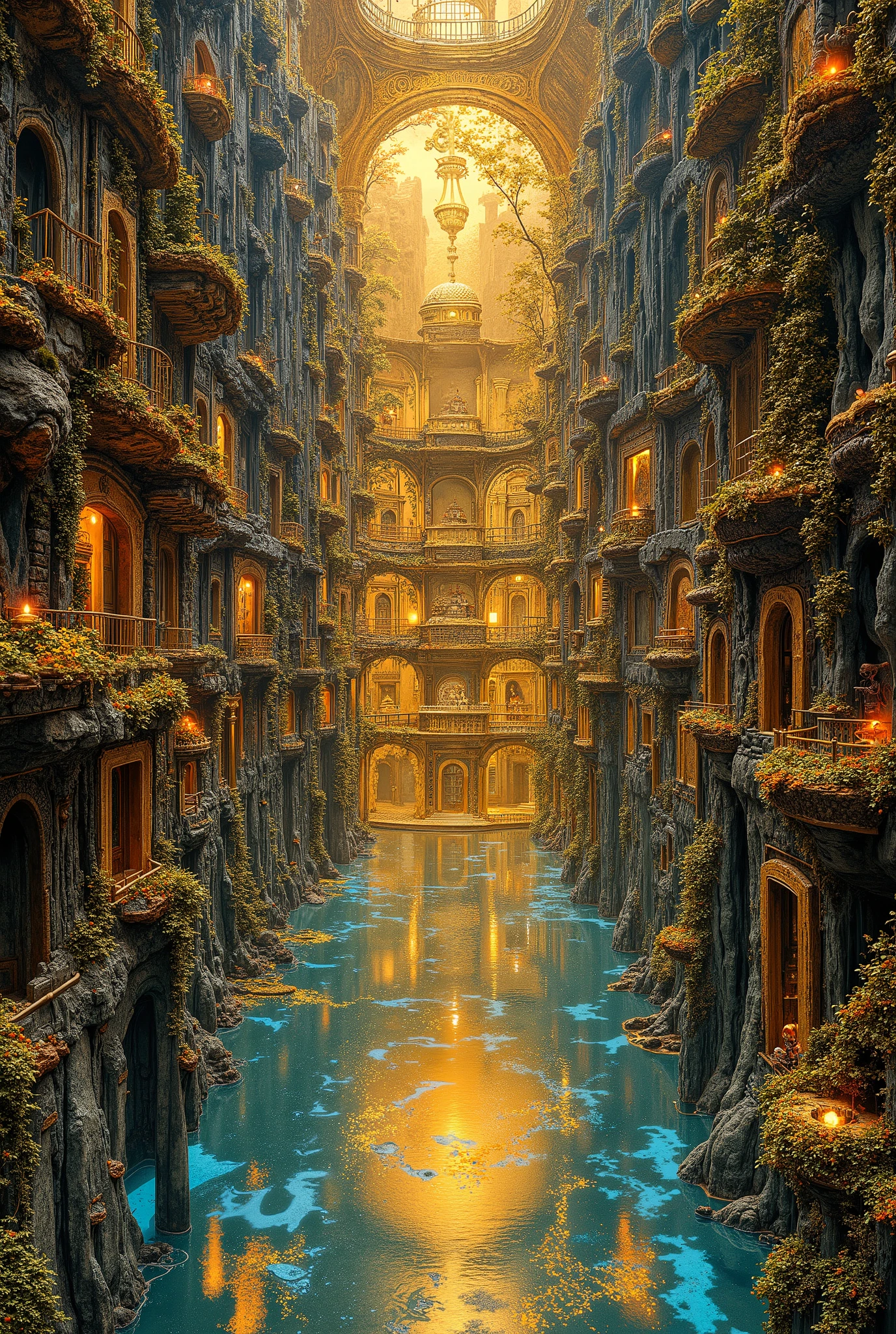 ultra detailed, absolutely resolution, masterpiece. 
cross-section layers, kingdom deep underground made entirely of gold plated, castles, castle towns, various colorful shining iridescent effects. 
extremely delicate depiction, extremely clear image, bold and dynamic, contrasts of light and shadow, 2.5D, artistic photography, hyper realistic, fusion of watercolor, acrylic and collage, conceptual installation art