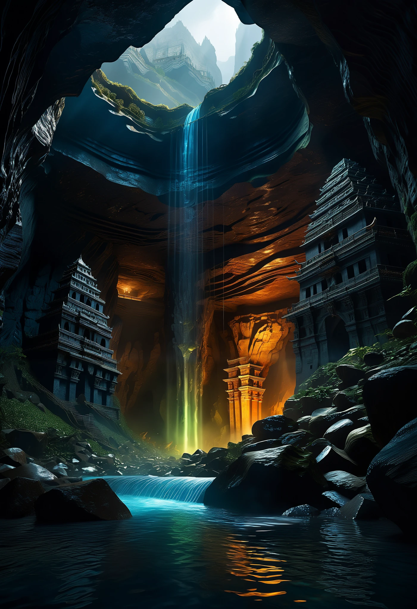 (((best quality))),(((ultra detailed))),(((masterpiece))),illustration,A huge underground cave with undulating ceilings and rugged rocks resembling fangs or pythons, eerie and terrifying. The cave walls are embedded with strange minerals, emitting a colorful light that illuminates the underground world. In the center of the cave, there is a wide underground river rushing and flowing, with a deep blue color. The turbulent water hits the riverbank and splashes white waves. Strange plants float on the river surface, and the leaves emit a soft light. Along the riverbank are ancient buildings with unique styles, resembling giant mushrooms and inverted pyramids. The walls are engraved with ancient symbols and patterns, telling the long history of the underground kingdom. There are various peculiar creatures shuttling through the streets between buildings, some with long wings flying in the air, some as huge as mountains, and some shining like flowing gems. In the distance is a towering underground castle, with its gates tightly closed and the solemn figures of the guards on the city walls. The underground world is full of mysterious and fantastical elements, showcasing the painter's rich imagination and exquisite painting skills