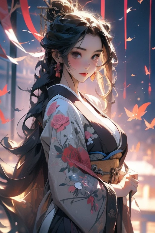 (Hyper-realistic) , (illustration), (Increase the resolution), (8K), (RAW photos,best qualtiy),(realisticlying,photograph realistic:1.3),best qualtiy,highly detailed,tmasterpiece,Hyper-detailing,( the wallpaper), (Detailed face), solo,1girll,The is very detailed,dynamic angle,cow boy shot,The most beautiful form of chaos,elegant,Fauvist design,vivd colour,Goddess of romanticism,Model figure,ancient costume,best qualtiy,Extremely detailed jewelry,Peony petals,scenecy,rios|Wagas,nsfw, chinese dress, slender , black dress,dynasty, white top, black bottom