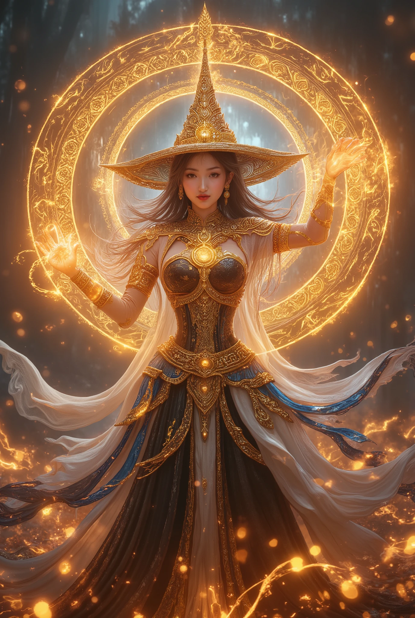 A powerful and elegant wizard girl stands amidst a glowing aura of magic. She wears a Thai-inspired outfit adorned with intricate golden patterns, layered over a long-sleeved black inner garment. A flowing white cloak with blue trims and golden Thai motifs billows behind her, enhancing her regal presence. Her pointed witch’s hat, embroidered with ancient designs, glows faintly with enchantment. She raises her hands, where golden flames surge and overflow, swirling with raw power. A radiant magical circle, etched with intricate Thai patterns, spins in layers around her, amplifying her spell. Her hair flows with the energy, and her eyes gleam with unwavering determination as she prepares to reshape destiny.
