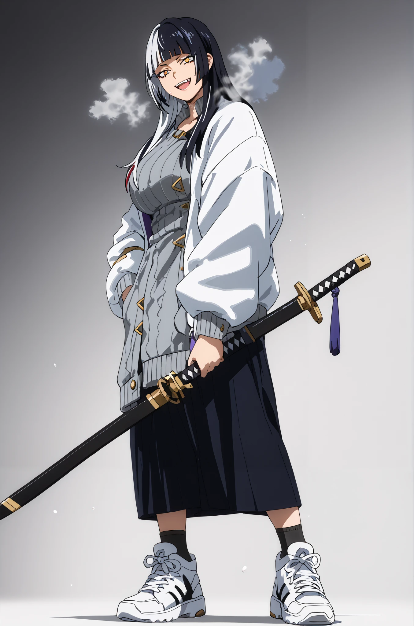 score_9, score_8_up, score_7_up, score_6_up, score_5_up, score_4_up, uncensored, shiori novella, black hair, blunt bangs, large breasts, long hair, multicolored hair, sidelocks, split-color hair, two-tone hair, straight hair, streaked hair, yellow eyes, grey hair, anime coloring, anime screencap, (voluptuous:1.3), (thick:1.3), BREAK UHD, retina, masterpiece, accurate, anatomically correct, textured skin, super detail, high details, high quality, award winning, best quality, highres, 4K, excessive sweating, sweating, sweating drop, (gasping, heavy breathing:1.3), (skindentation:1.2), perfect eyes, beautiful eyes, eyelashes, makeup, detailed body, perfect body, BREAK white jacket, sweater dress, off shoulder, black shorts, 1girl, red_background, solo, weapon, sword, katana, open_mouth, sheath, sneakers, simple_background, sheathed, standing, full_body, fang, holding, socks, smirk, half-closed eyes, holding_weapon, hand_in_pocket, 