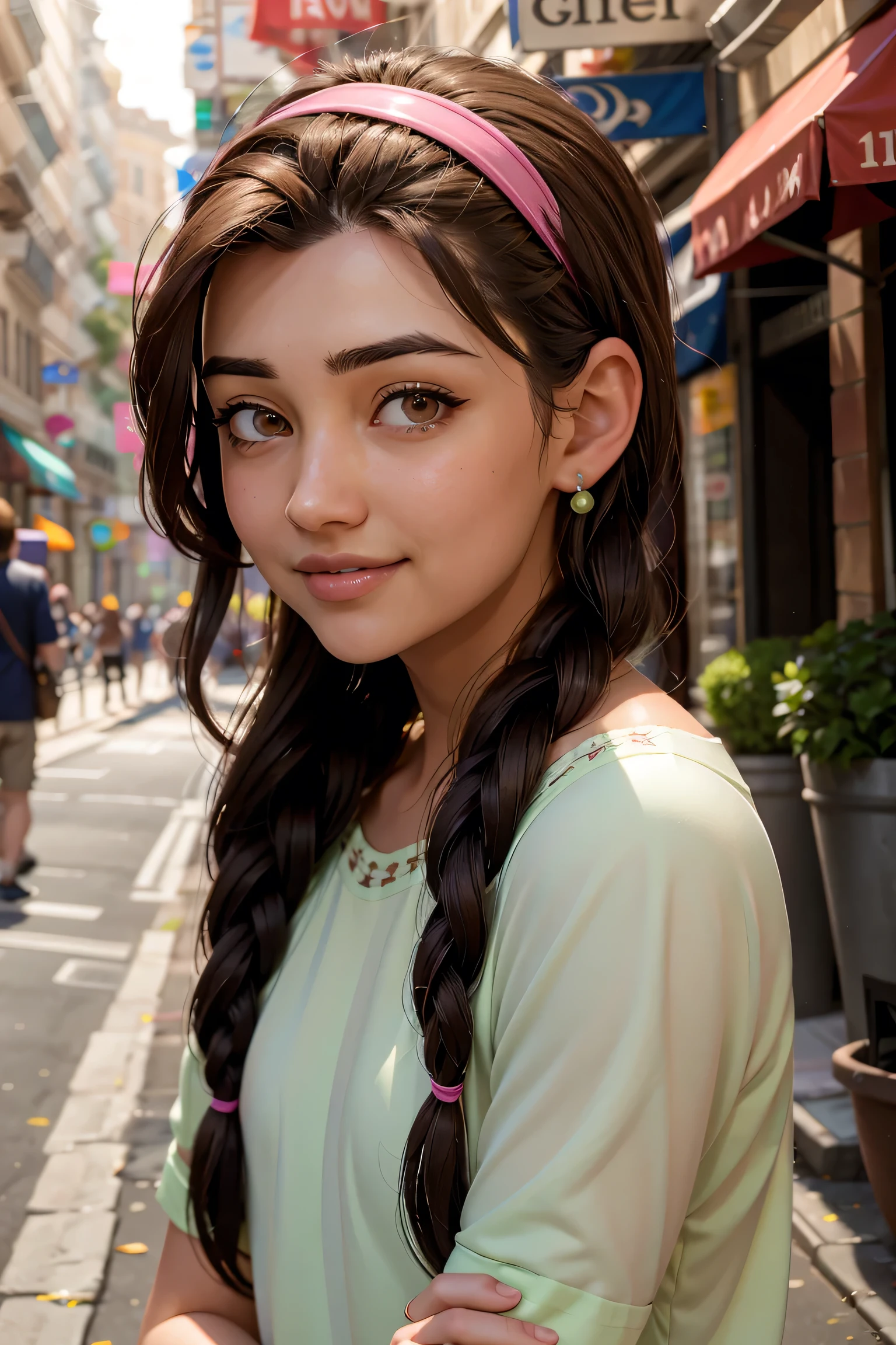 An impressive and intricate full color portrait, Ultra-HD a girl, brown hair with 2 braids, brown eyes, pink headband, detailed face, dressed in a red dress, no logos, epic character composition, alessio albi, nina masic, sharp focus, natural lighting, subsurface dispersion, f2, 35mm, in a restraunt, romantic, smiling with teeth, happy face. 