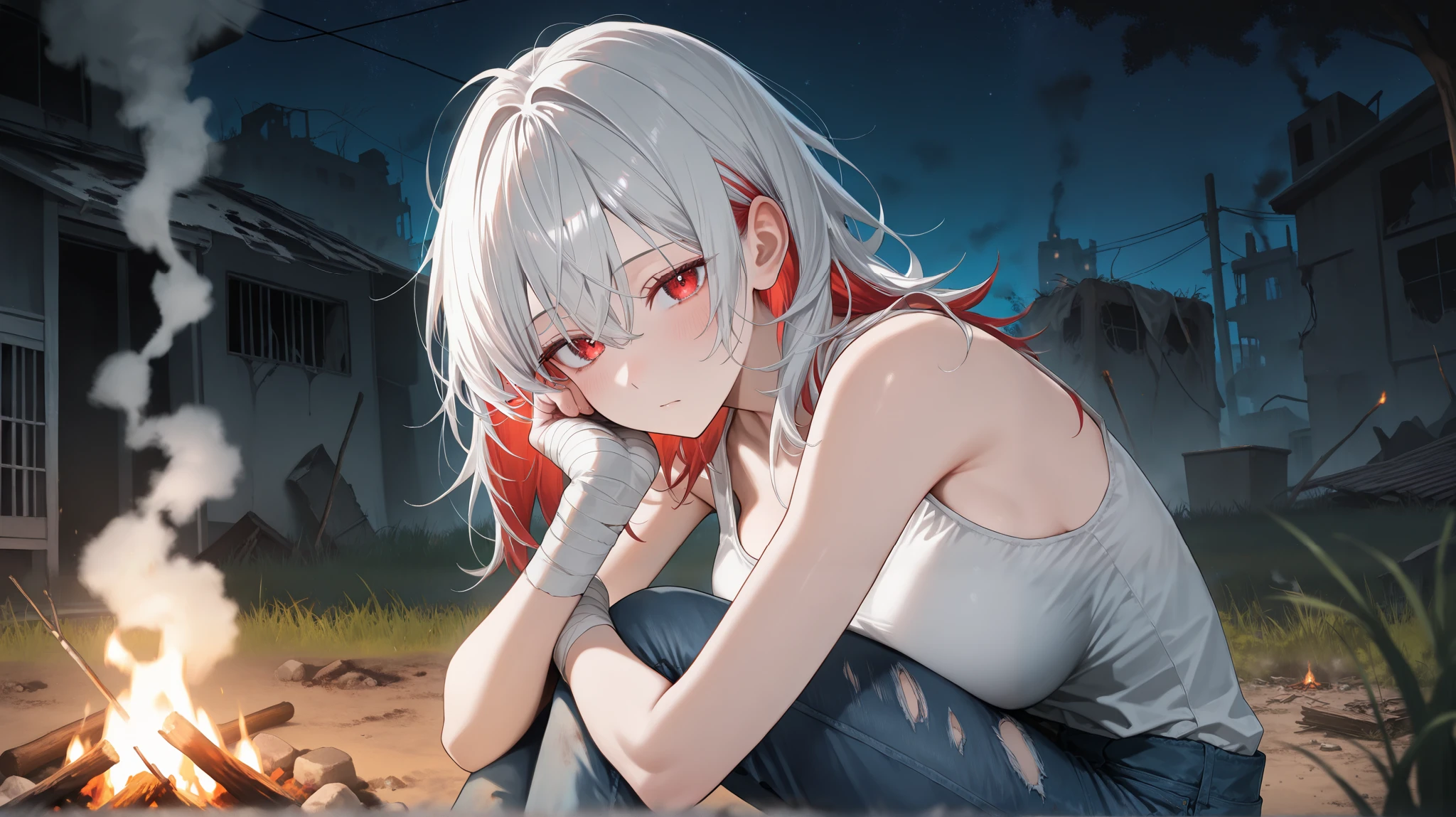score_9, score_8_up, score_7_up, score_6_up, score_5_up, score_4_up, (1girl), solo, (masterpiece, best quality, ultra-detailed), large breasts, slim, thin, slight makeup, calm expression,
beautiful red eyes, messy hair, messy outfit, dusty, dirty, white hair, red inner hair, tired eyes, hungry, bandaged hand, ripped blue jeans, white ripped singlet,
campfire, on the roof, abandoned city background, trees, wild grass, dusty, smoke, night, bright starry skies, perfect lighting, dynamic composition, clean lines, clear focus, closeup, portrait, looking at viewer,