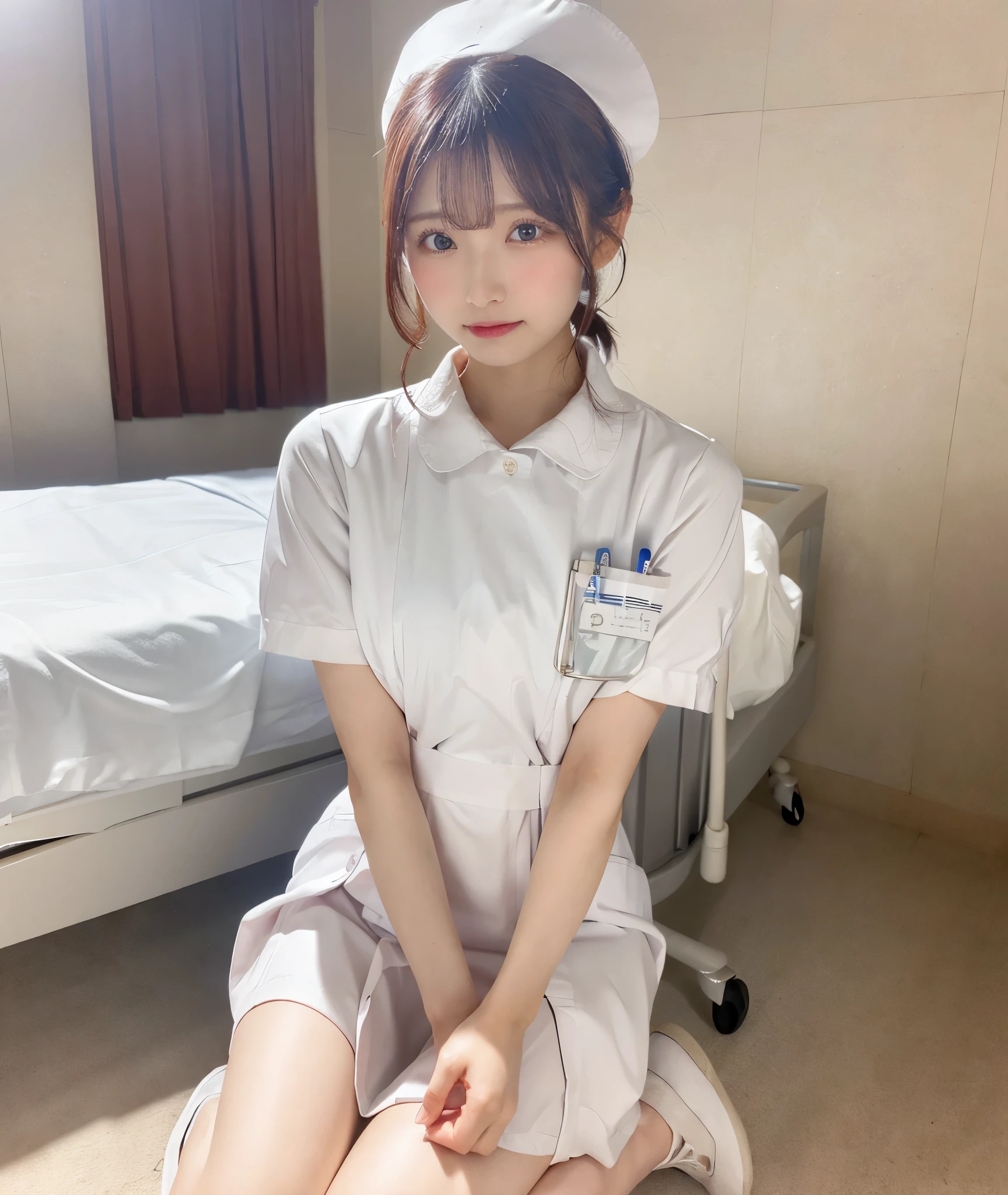    in the seat,(Wearing white   Nurse clothes:1.2),(   RAW Photo ,    top quality  ), (   by Nomi , photo-   by Nomi :1.4),  Masterpiece,      very delicate and beautiful    ,    Super Thin Crimson Hair   , 2k wallpaper,     on an amazing beach , finely,    Super Thin Crimson Hair    CG unity 8k wallpaper,    Super Thin Crimson Hair   ,     high image quality   , Soft light,  細部へのこだわりが   on an amazing beach には美しい,    Super Thin Crimson Hair    eyes and face,   nose , finely beautiful eyes,round face、 kind、  chest 、Pathetic、  cute like an angel  , Big Breasts ,   Nurse,    Complete Technique,     black hair,    upstyle  ,   Nurse uniform,    Long Skirt ,   Nurse,   White Outfit , thin,  hospital ,    clear   ,    white uniform,  hospital  room, Neck auscultation,   bob cut
