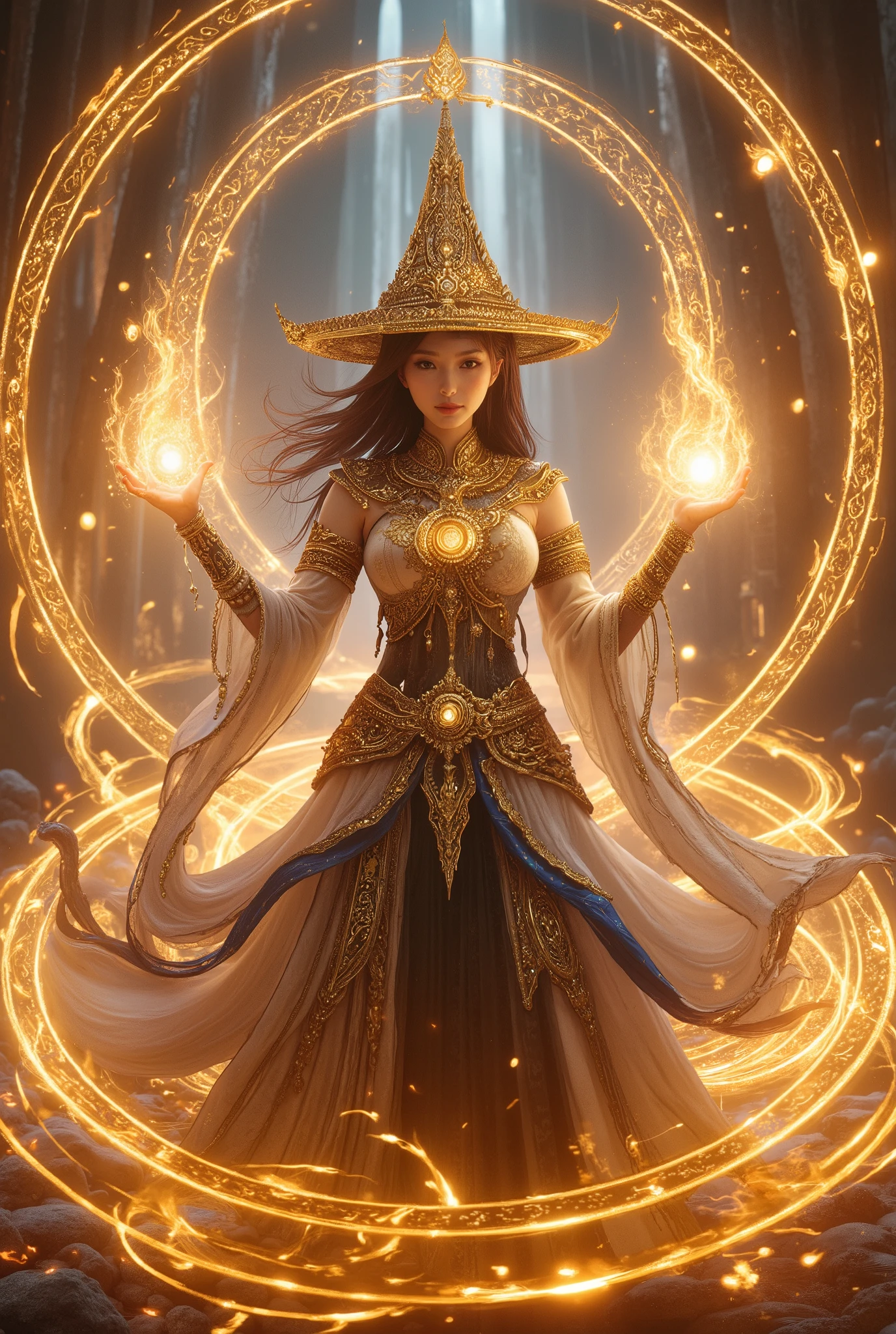 A powerful and elegant wizard girl stands amidst a glowing aura of magic. She wears a Thai-inspired outfit adorned with intricate golden patterns, layered over a long-sleeved black inner garment. A flowing white cloak with blue trims and golden Thai motifs billows behind her, enhancing her regal presence. Her pointed witch’s hat, embroidered with ancient designs, glows faintly with enchantment. She raises her hands, where golden flames surge and overflow, swirling with raw power. A radiant magical circle, etched with intricate Thai patterns, spins in layers around her, amplifying her spell. Her hair flows with the energy, and her eyes gleam with unwavering determination as she prepares to reshape destiny.