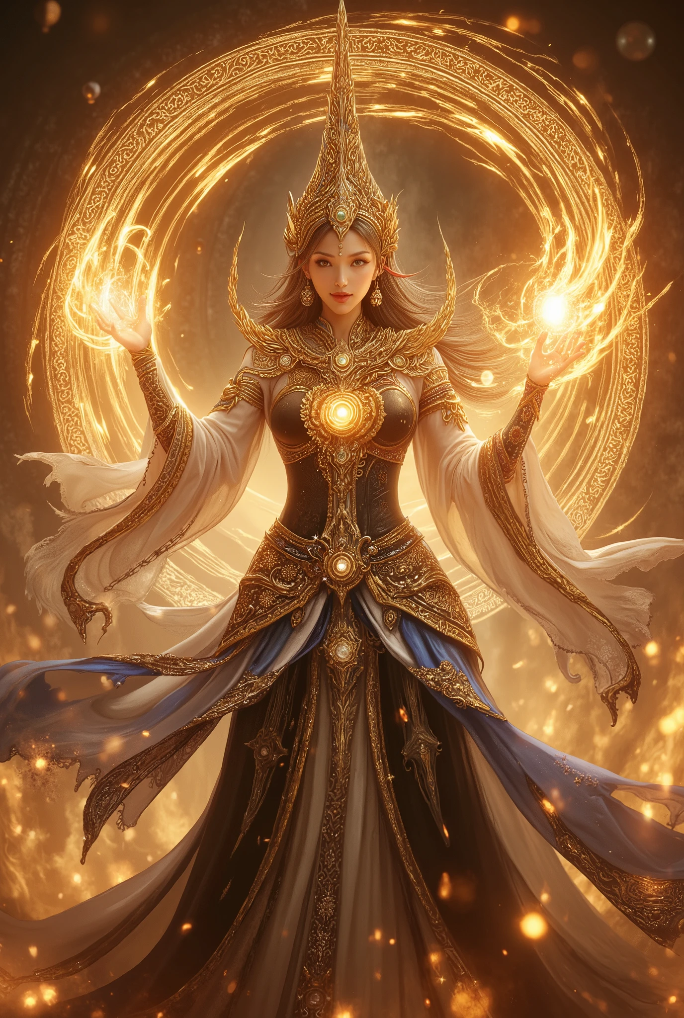 A powerful and elegant wizard girl stands amidst a glowing aura of magic. She wears a Thai-inspired outfit adorned with intricate golden patterns, layered over a long-sleeved black inner garment. A flowing white cloak with blue trims and golden Thai motifs billows behind her, enhancing her regal presence. Her pointed witch’s hat, embroidered with ancient designs, glows faintly with enchantment. She raises her hands, where golden flames surge and overflow, swirling with raw power. A radiant magical circle, etched with intricate Thai patterns, spins in layers around her, amplifying her spell. Her hair flows with the energy, and her eyes gleam with unwavering determination as she prepares to reshape destiny.