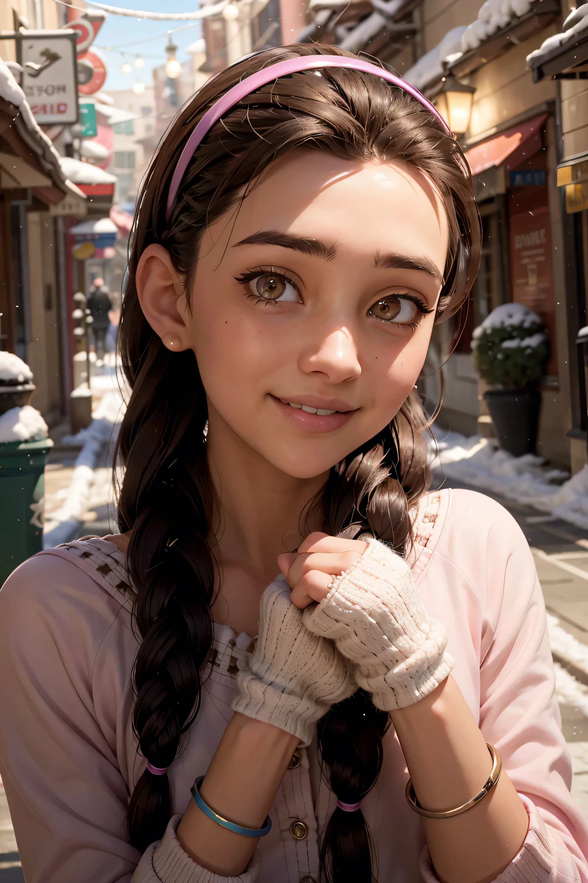 An impressive and intricate full color portrait, Ultra-HD a girl, brown hair with 2 braids, brown eyes, pink headband, detailed face, dressed in a winter jacket, no logos, epic character composition, alessio albi, nina masic, sharp focus, natural lighting, subsurface dispersion, f2, 35mm, winter, snow, snowfall, winter gloves, smiling with teeth, happy face. 