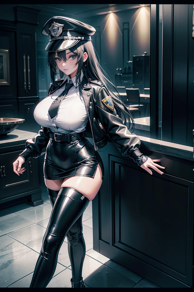 1 woman, standing, with seductive expression, loving smile, view from front, big breasts, detailed eyes, pose sexy, long black hair, his super detailed glowing eyes, Full lips painted red, chiseled physique and wide hips. glasses, choker:1.6, (long sleeve white collar buttoned shirt), (shiny black corset), black gloves covering your hands, holding a gun with the right hand, (shiny black leggings), Walking in a dark alley at night, This image oozes realism., capturing the essence of a fragile figure. digital art, photorealistic and high definition technique