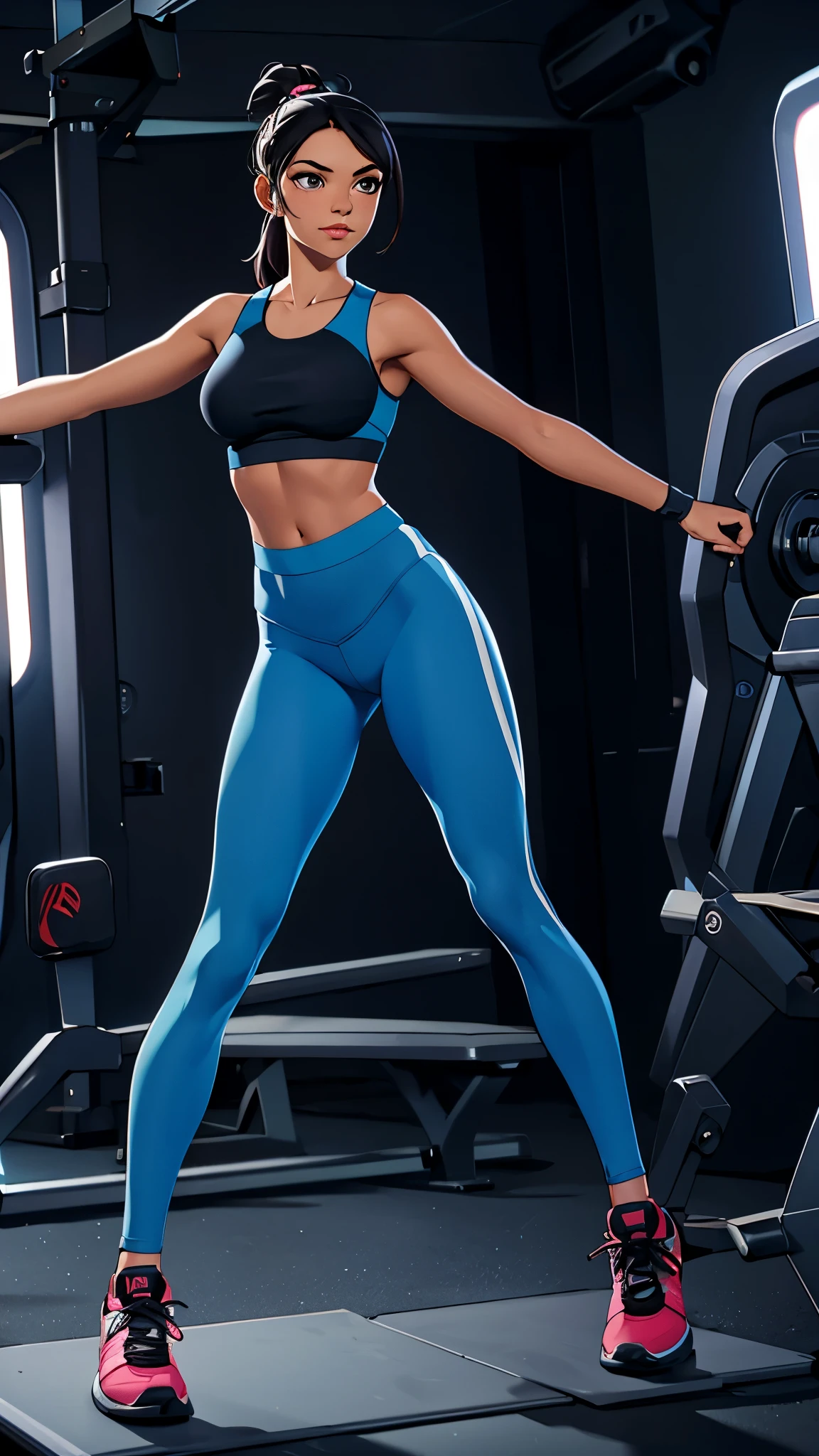 slim blonde fitness models in a gym wearing tight fitting shiny blue leggings and nike running shoes