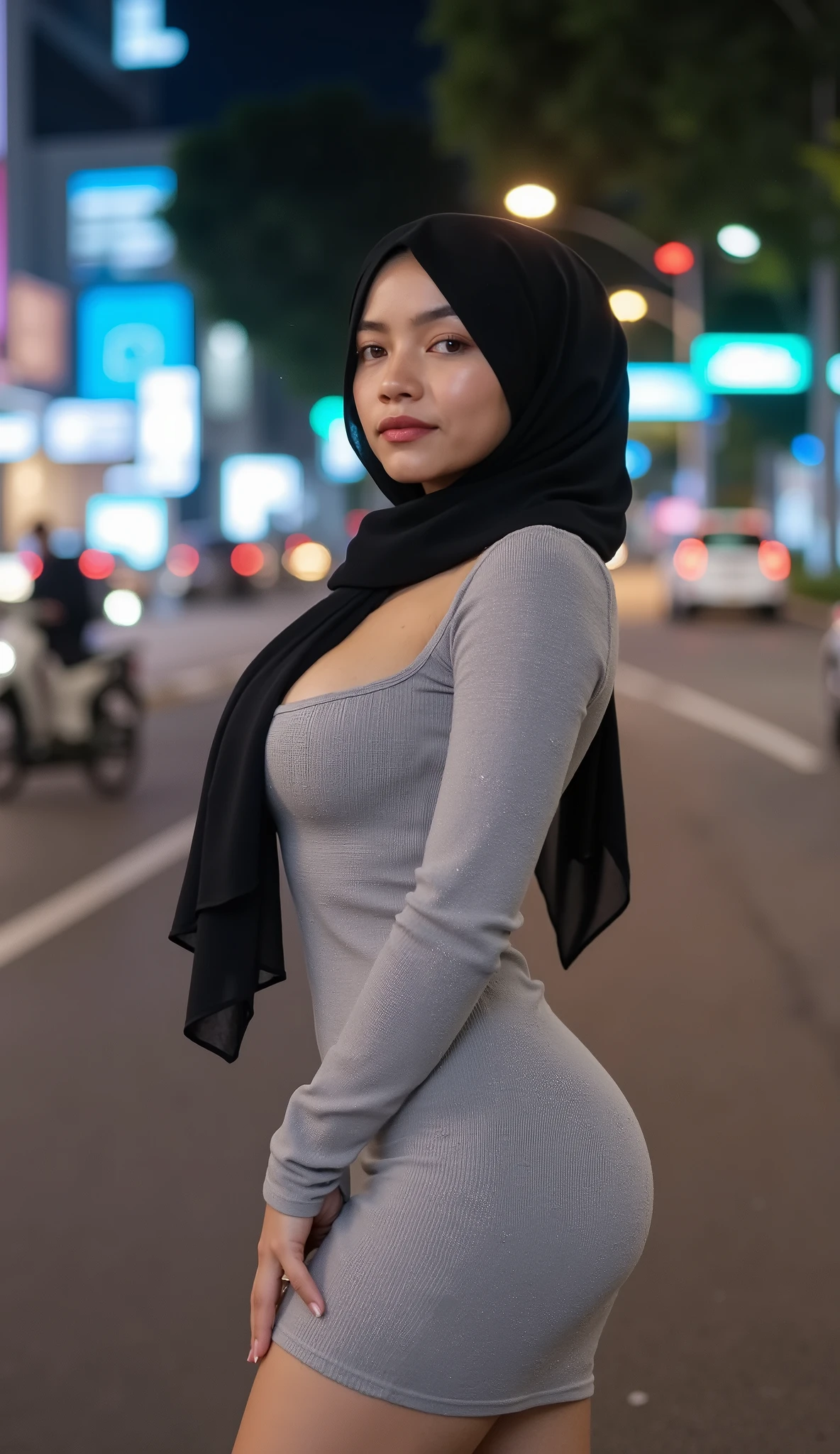 malaysian lady 18 years old, pale face, show breast, ((hijab)) wear hijab, natural, no make up, detailed on face, light grey knit long dress, V-neck, breast line, very tight dress, realistic photo, serious face, model, city street, city lights, hight traffics, night, half body shot, ultra big breast, hijab, standing with leg open, ultra big breast, exotic skin, low light, dark, face front