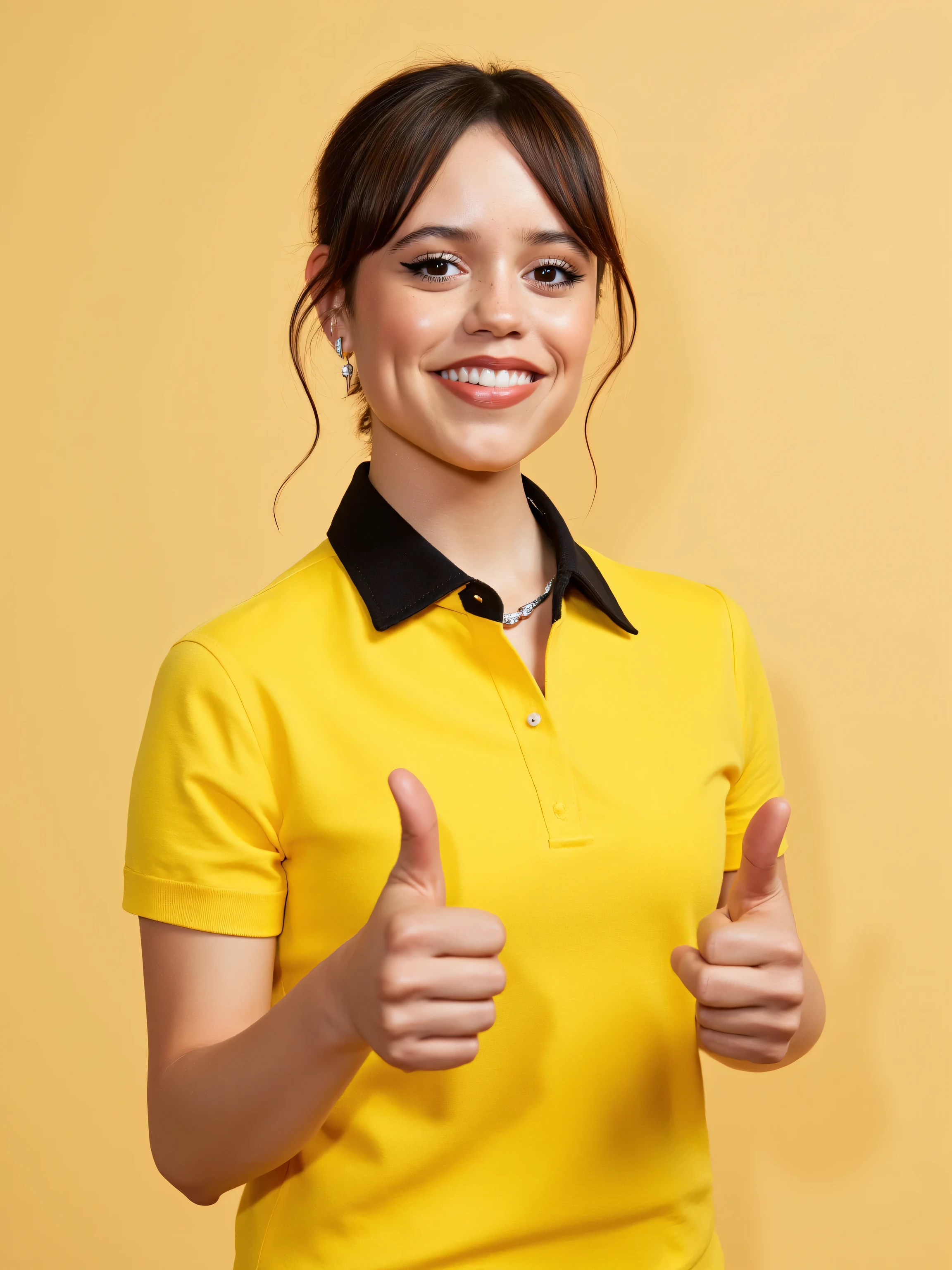 europian woman, shows thumbs up, yellow polo t-shirt black sleeves black short sleeves black collar, 1 man, Solo, High Quality, smile girl, black collars on t-shirt, empty neck, clear neck, bare neck