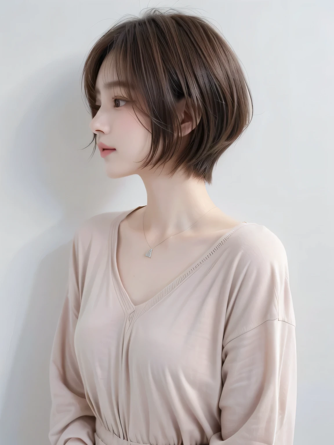 ((highest quality, 8K, masterpiece :1.3)), 1 girl, (bob hair、short hair,Taken in front of a white wall :1.2)、(gentle smile),Shot in natural light、pastel cardigan :1.1, Angle from above、super detailed face, fine eyes,(Highly realistic photos, High resolution, detailed face, fine eyes)、japanese woman, 3, Variety of facial expressions, alone:1, different hairstyles, casual clothes, Only one person appears in the photo、long sleeve dress、Shot in soft natural light、simple necklace、Spring clothes、profile、brown hair color
