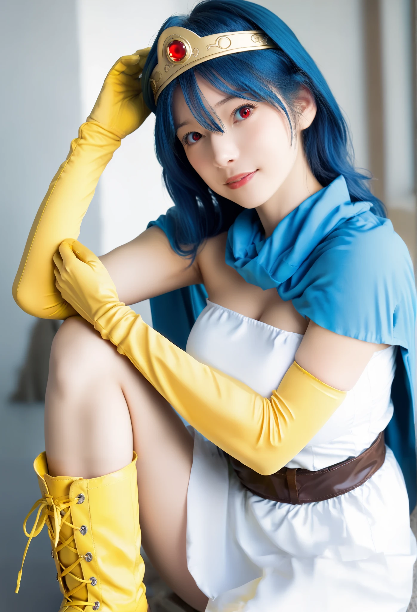 dq3sage, blue hair, red eyes, long hair,
circlet, blue cape, white dress, strapless, belt, elbow gloves, yellow gloves, yellow boots, 
breasts, large breasts, 

 photo realistic,  Masterpiece,  top quality,  complicated details,  Anatomically Correct , look, 