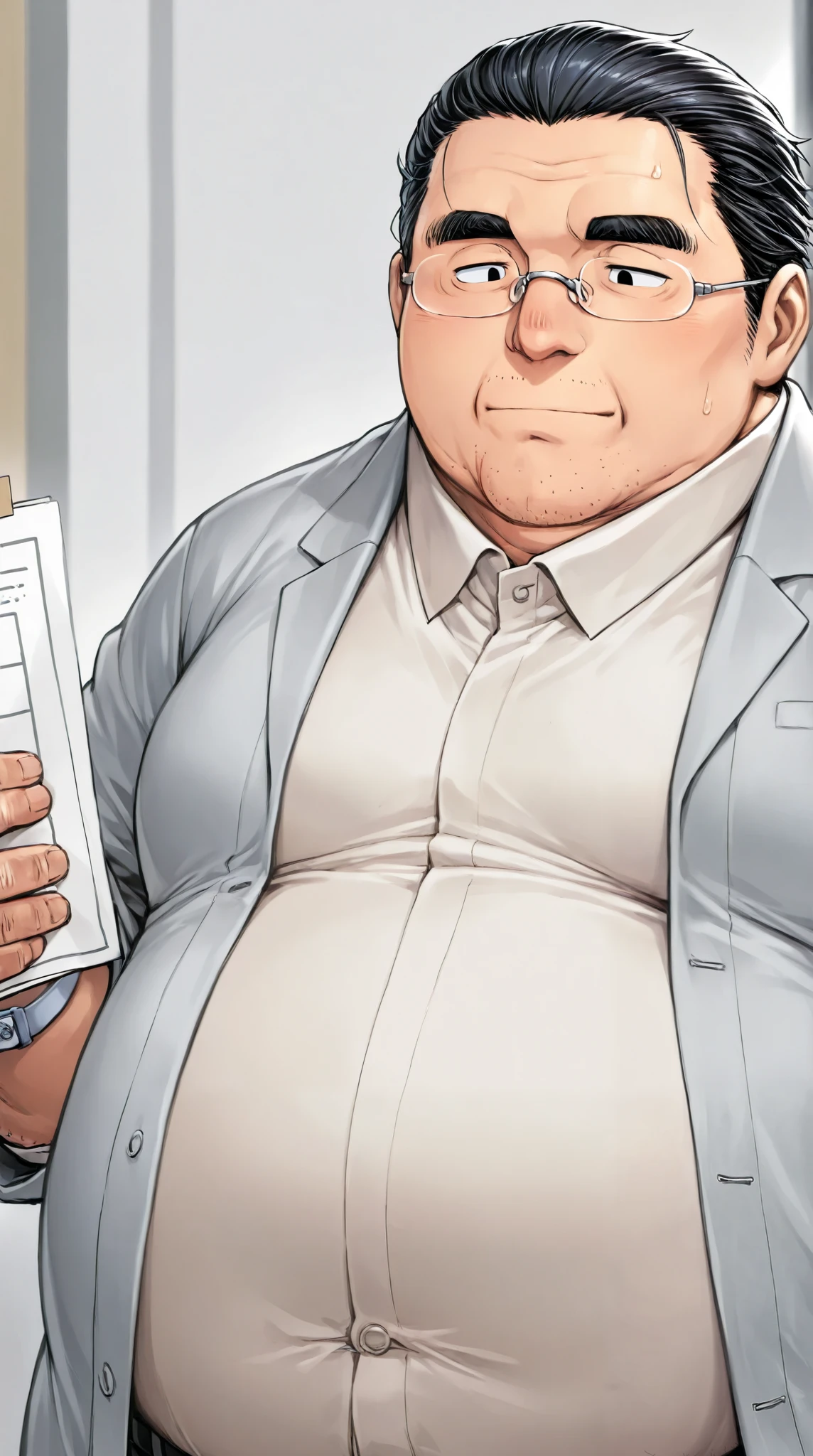 obese fat man,solo ,rimless glasses,black slicked back hair,cleft chin,japanese , narrow eyes, teacher,body