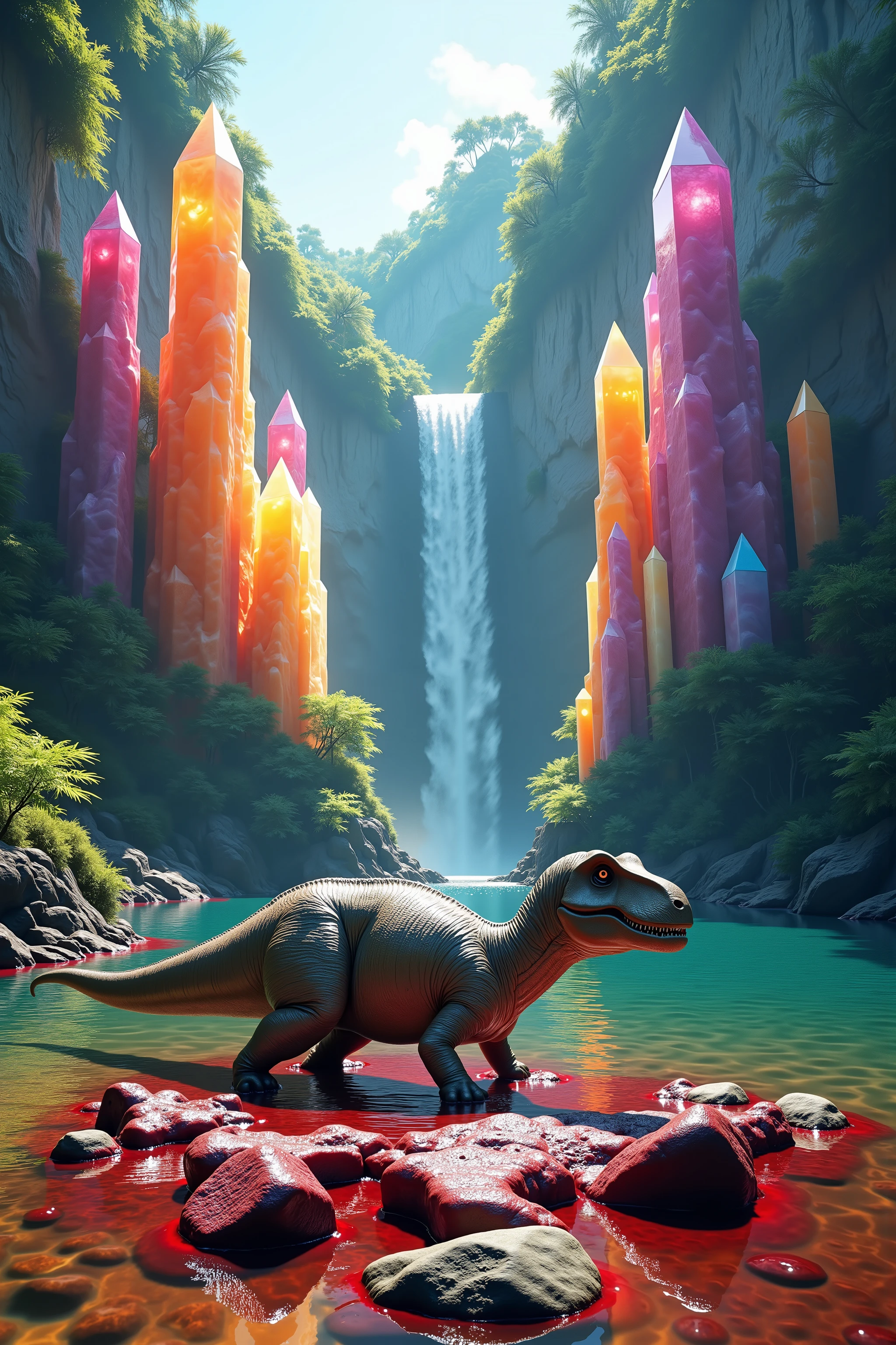 A cliff that is 300 feet tall made up of gigantic quartz crystal points that are multicolored pillars in a tropical rainforest. In the middle of these skyscraper sized quartz crystals is an incredible gushing cascading waterfall that pours into a beautiful lagoon that is lined with smaller quartz crystals 20 to 40 feet tall. In hues of Pink, Red, Orange, Yellow, Green, Blue, and purple, there are hundreds of them and they are partially translucent and radiate color in the bright full sunlight of the day. In this Full Sunlight we see a close up of a Tyrannosaurus Rex as he has another dinosaur down and is eating him at the edge of the lagoon. Macro Photography. Large pieces of meat are in the wate,  turning it red with blood all around them. Explicit, Graphic, Natural, Authentic/Real looking. Anatomically Correct, Attention to detail, Textured Skin, In Depth Detailed Eyes, colored translucent quartz crystals protruding from the water's edge near the battle scene, Eating Scene. Ultra realistic, Photorealism, Breathtakingly Beautiful, Stunning, Awe Inspiring, An Awesome Site! 8K Octane, Action Painting, Artistic, Cinematic, Cinematography, Conceptual Art, Digital Art, Fujicolor, Super Saturated Colors, Hyperdetailed, Hyperrealism, Photorealistic, Pixel Art, Pixel Assets, Portrait Photography, Surrealism, Unreal Engine, Sparkle off the gigantic translucent multicolored quartz crystals. Ultra realistic, photo-realistic, cinematic photography, cinematic portrait, portrait photography  Depth Of Field, Optical Illusion, Cinematic Lighting, Glowing Light, Reflection Light, Ray Tracing, God Rays, Perspective, UHD, Super Detailed, Best Quality, Detail, Award Winning, Masterpiece!